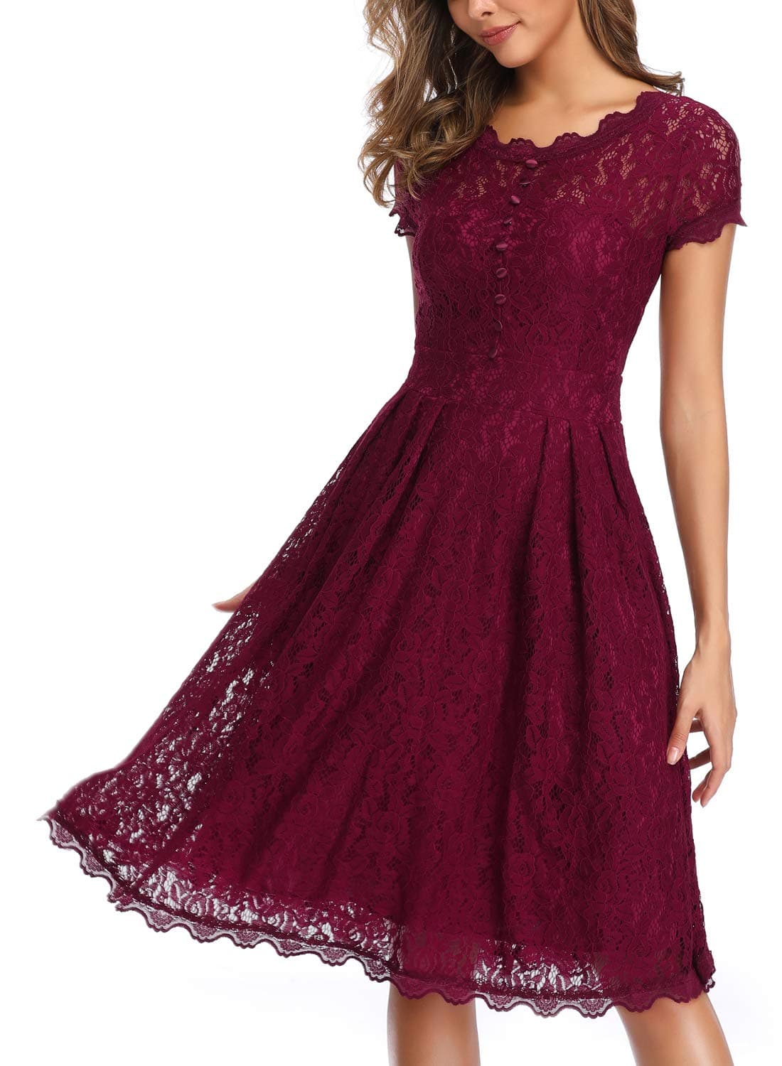 IHOT Women Floral Lace Vintage Bridesmaid Boat Neck Party Cocktail Dress Knee Length Prom Swing Dress Red