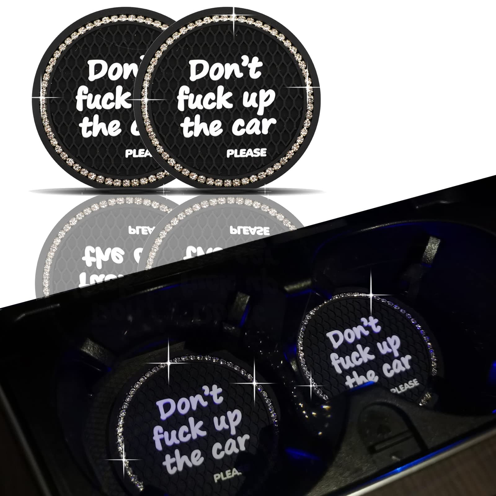 2 Pack Funny Coaster for Car Cup Holder,Auto Anti Slip Bling Cup Holder Coaster,2.75 inch Surface Full Crystal Rhinestone car Coaster Car Interior Accessories (White)