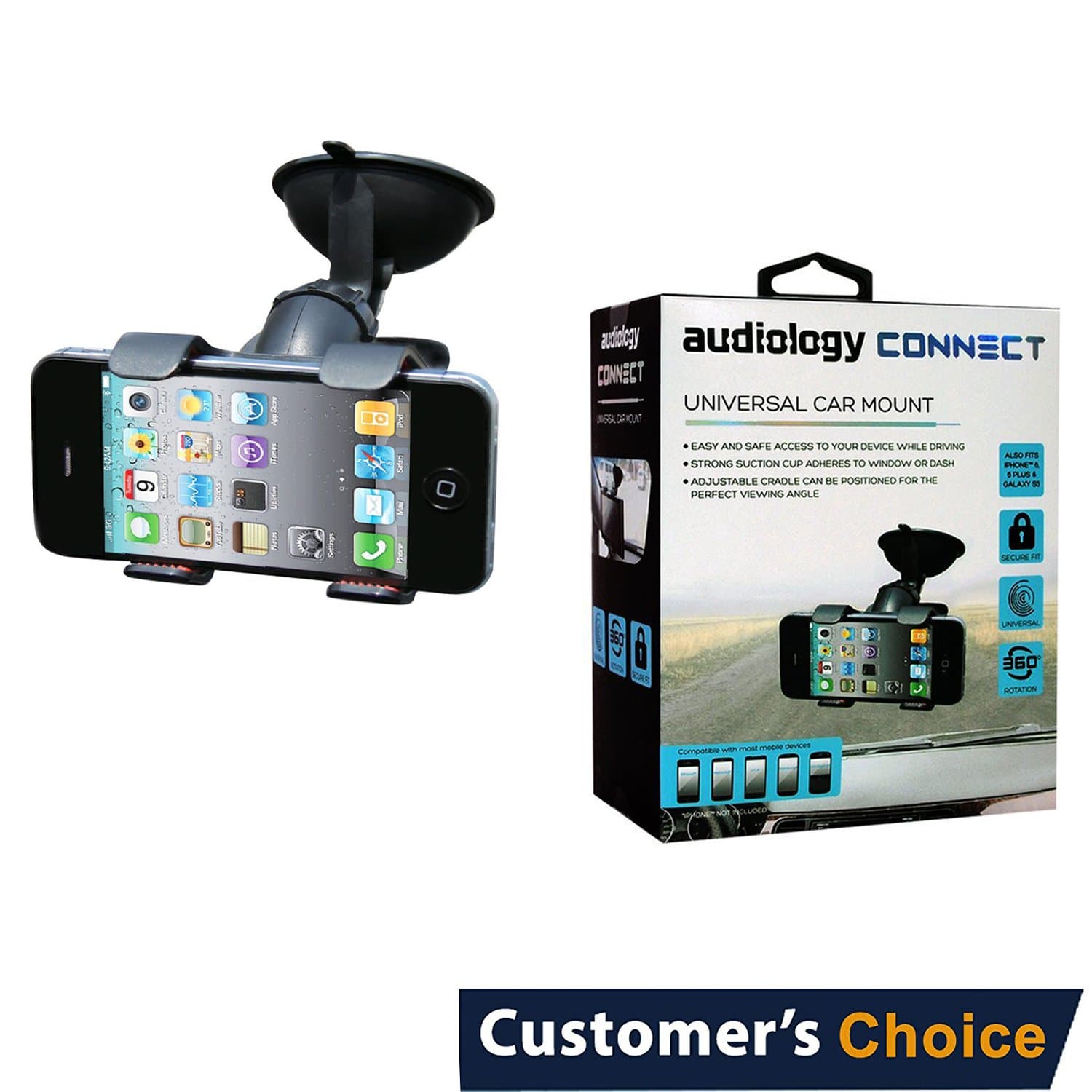 Audiology Connect Universal Car Dashboard Mount, Dashboard Car Phone Holder, Car Phone Mount with Strong Suction Cup for Smartphone and GPS: for iPhone 8/8Plus/7/7Plus/6s/6P/5S, Galaxy S5/S6/S7/S8