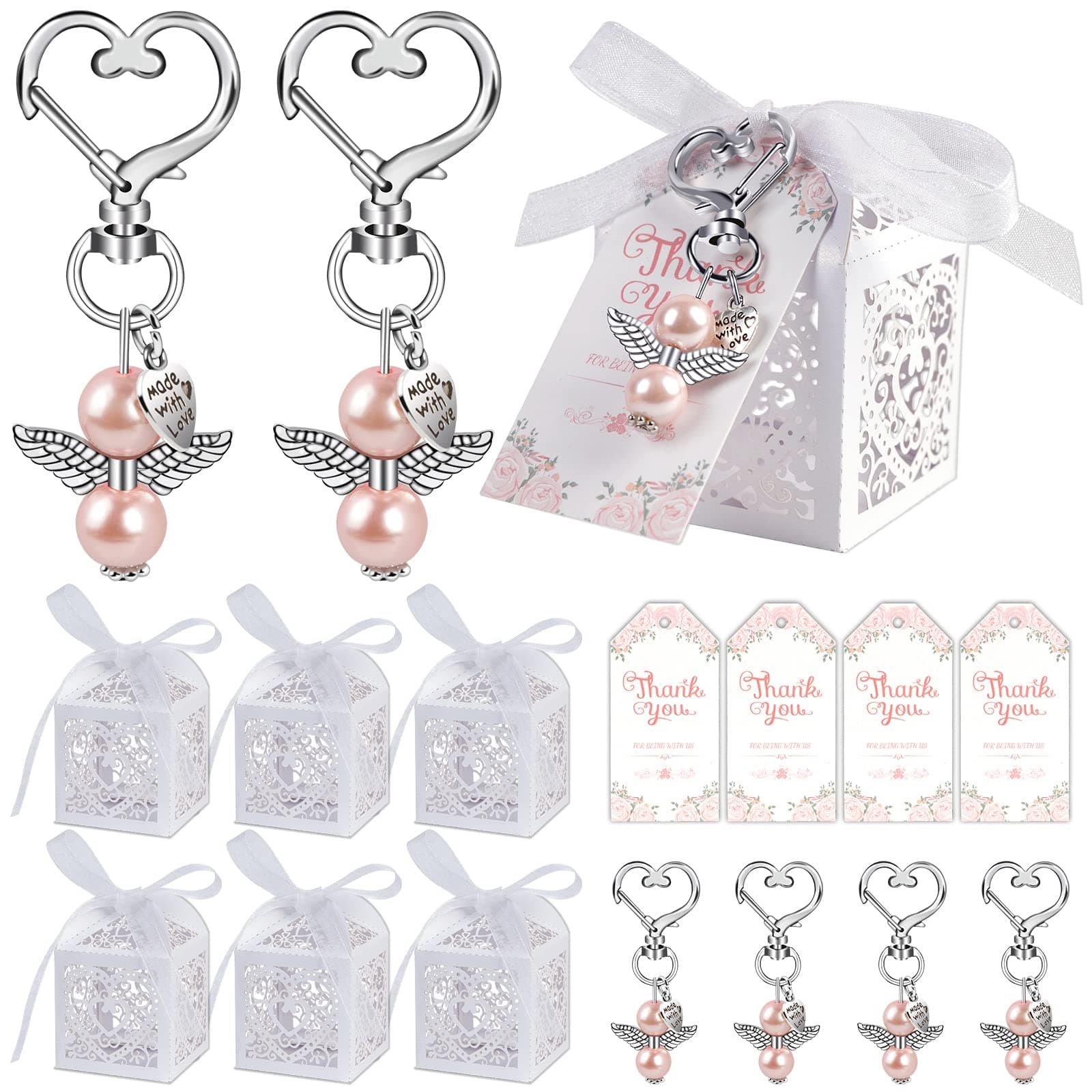 48Pcs Baby Shower Favors for Girls, Angel Keychain Favors, Thank You Cards, and Baptism Favor Boxes, Return Gifts for kids birthday, Wedding Party Favors for Guests