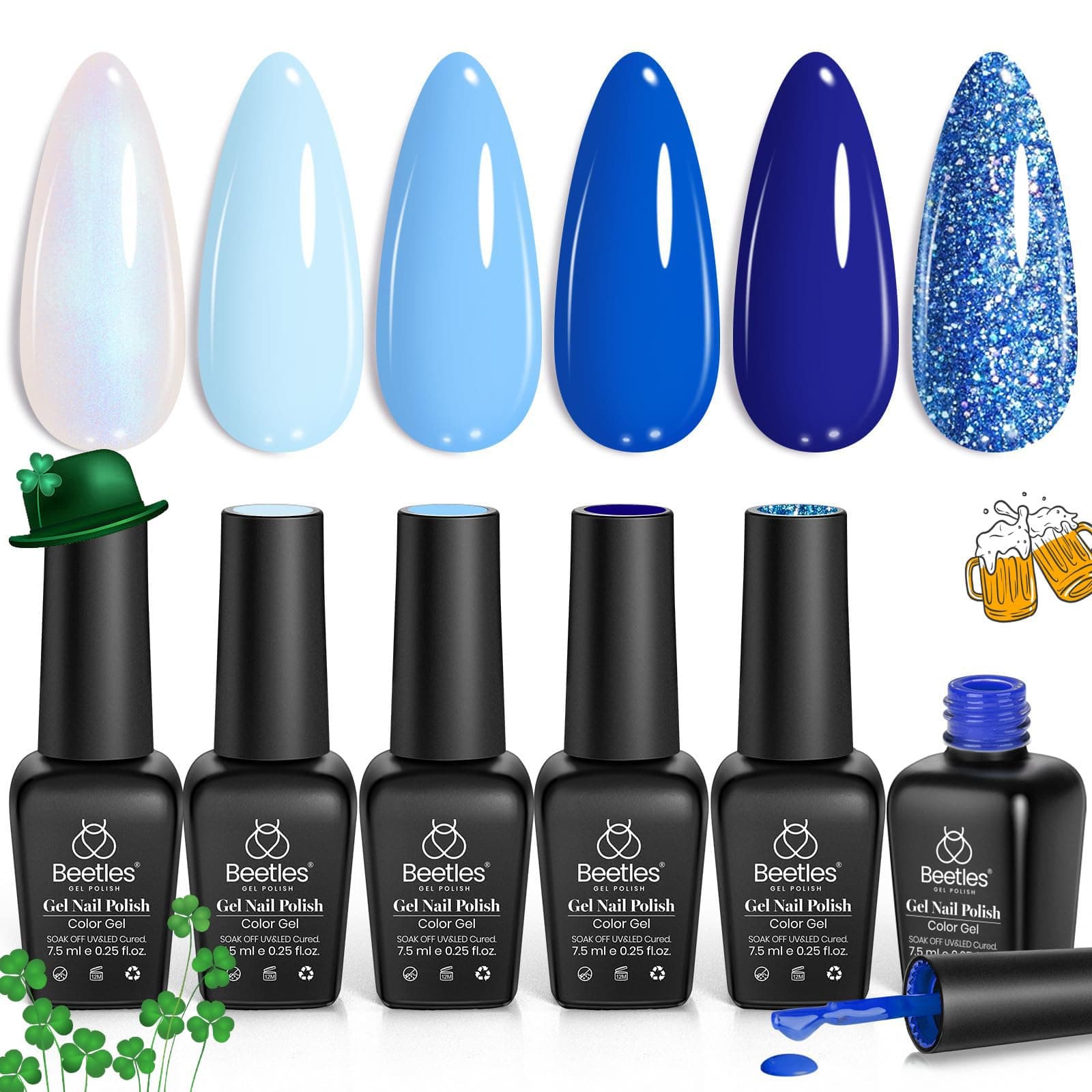 Beetles Blue Gel Nail Polish,6 Colors Baby Electric Blue Glitter Aquarius Holy Water Collection Gel Polish Soak off Uv Led Lamp Nail Art Manicure Gifts for Women