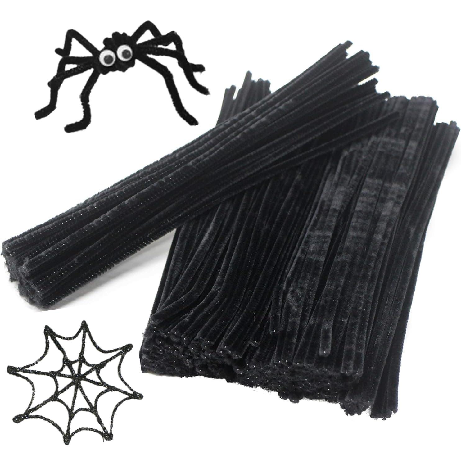Black Pipe Cleaners for Craft - 50 Thick Chenille Stems 30cm x 6mm, Long Pipe Cleaners for Halloween Spider Crafts, DIY Model Making and Wreaths