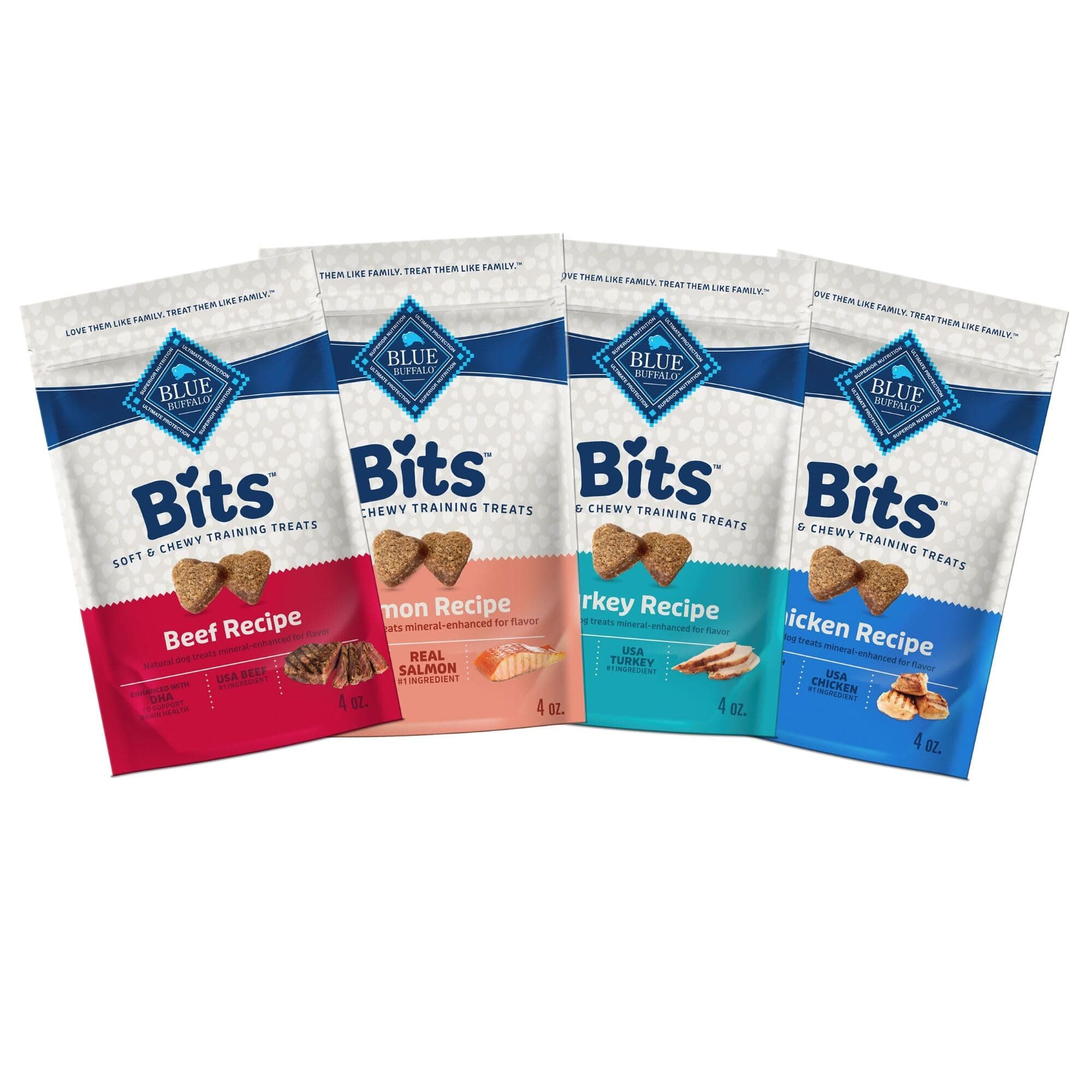 Blue Buffalo Blue Bits Natural Soft-Moist Training Dog Treats Beef, Salmon, Turkey, and Chicken Recipes 4oz Variety Pack, 4ct