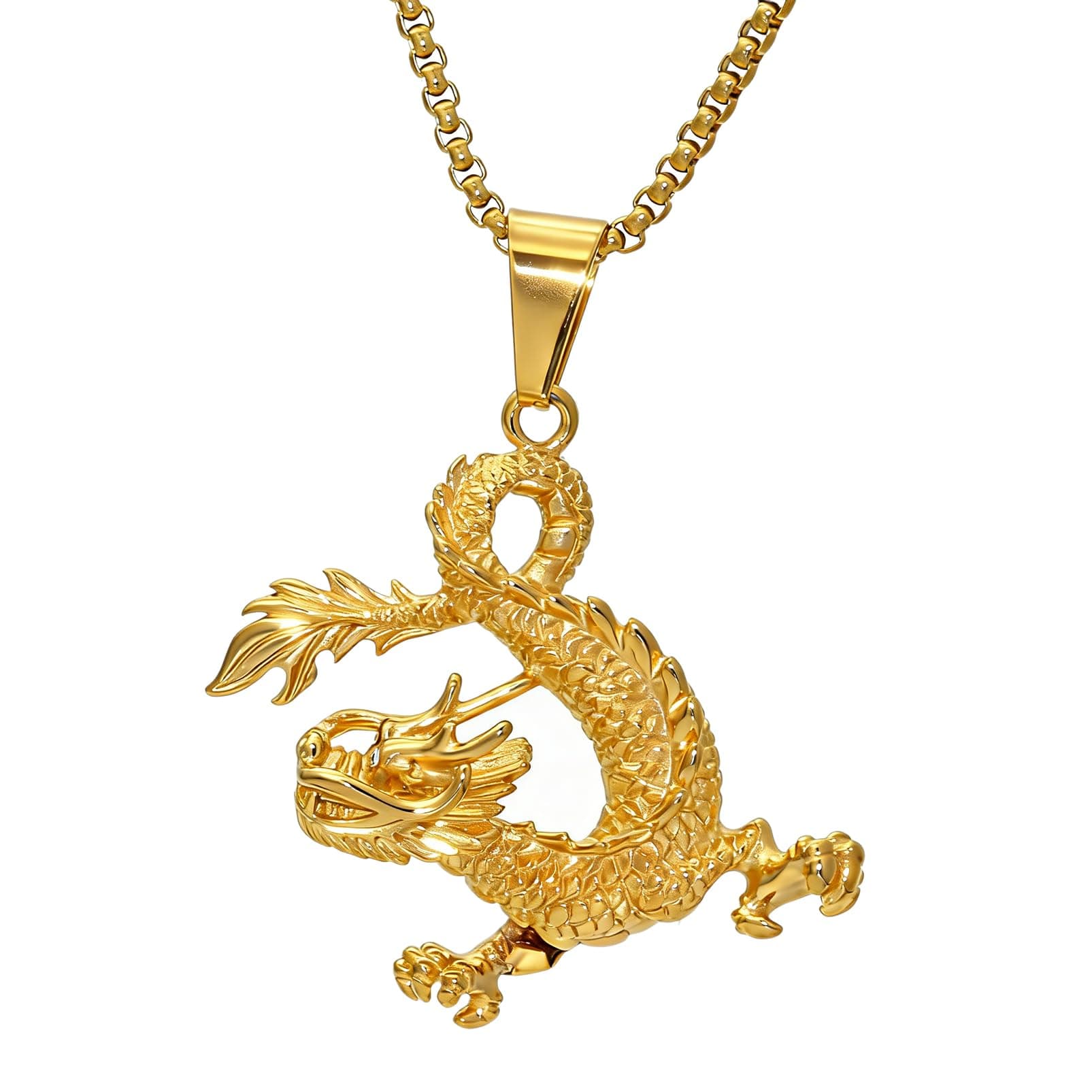 Hip Hop Plated 18K Gold Stainless Steel Dragon Pendant Necklace