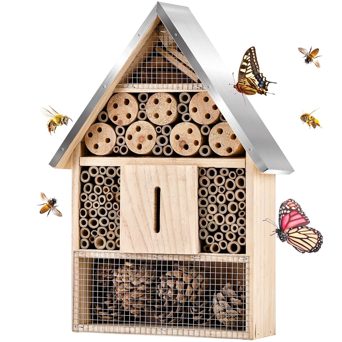Wooden Mason Insect Bee Butterfly House,Insect Hotel,an Outdoor Hanging Bamboo Habitat for Bee Butterfly Ladybugs Live,Bee Box,Butterfly Habitat for Garden,9 x 15.7 x 2.5 Inch