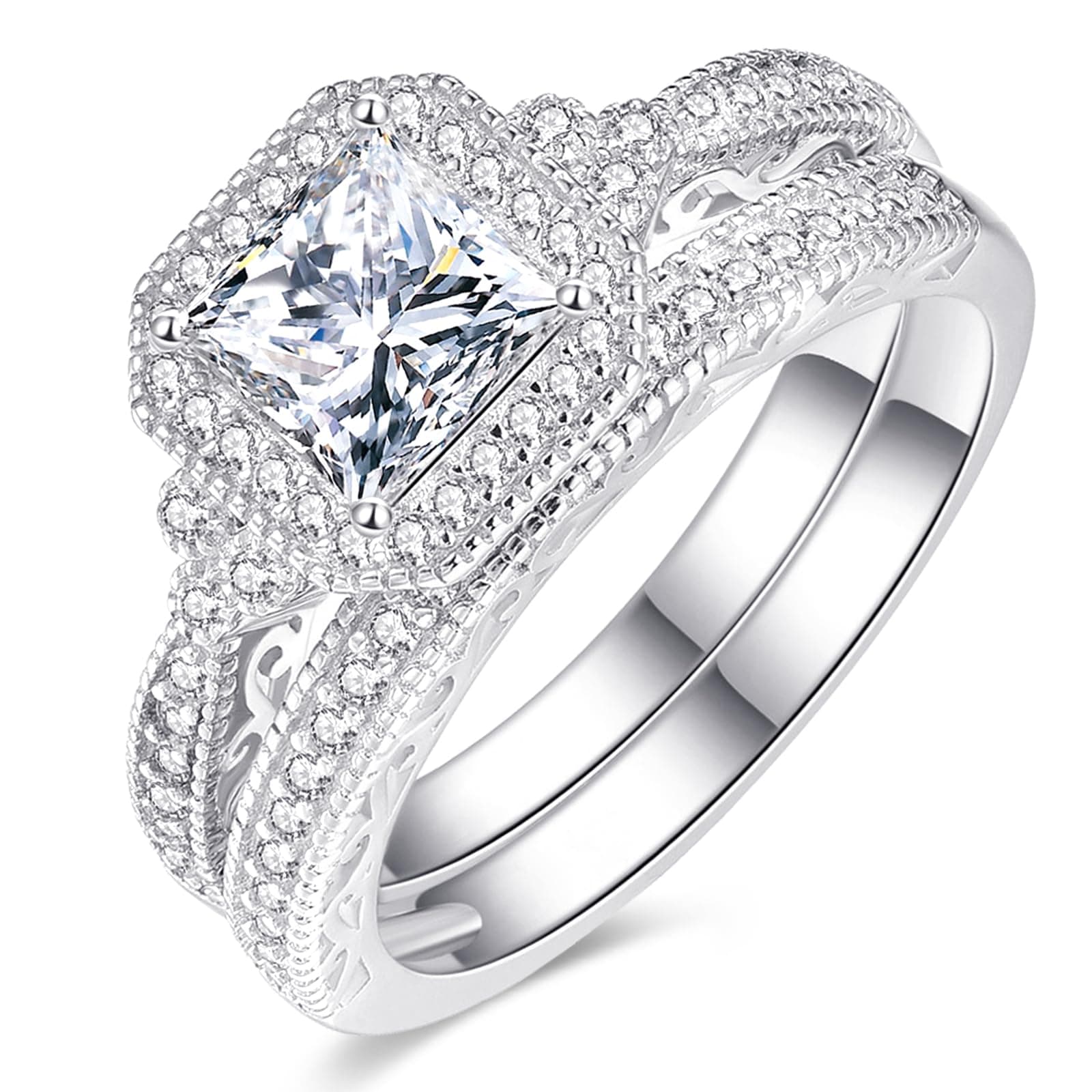 Engagement Rings Set for Women Princess and Round Cut White Cubic Zirconia Bridal Wedding Rings Set
