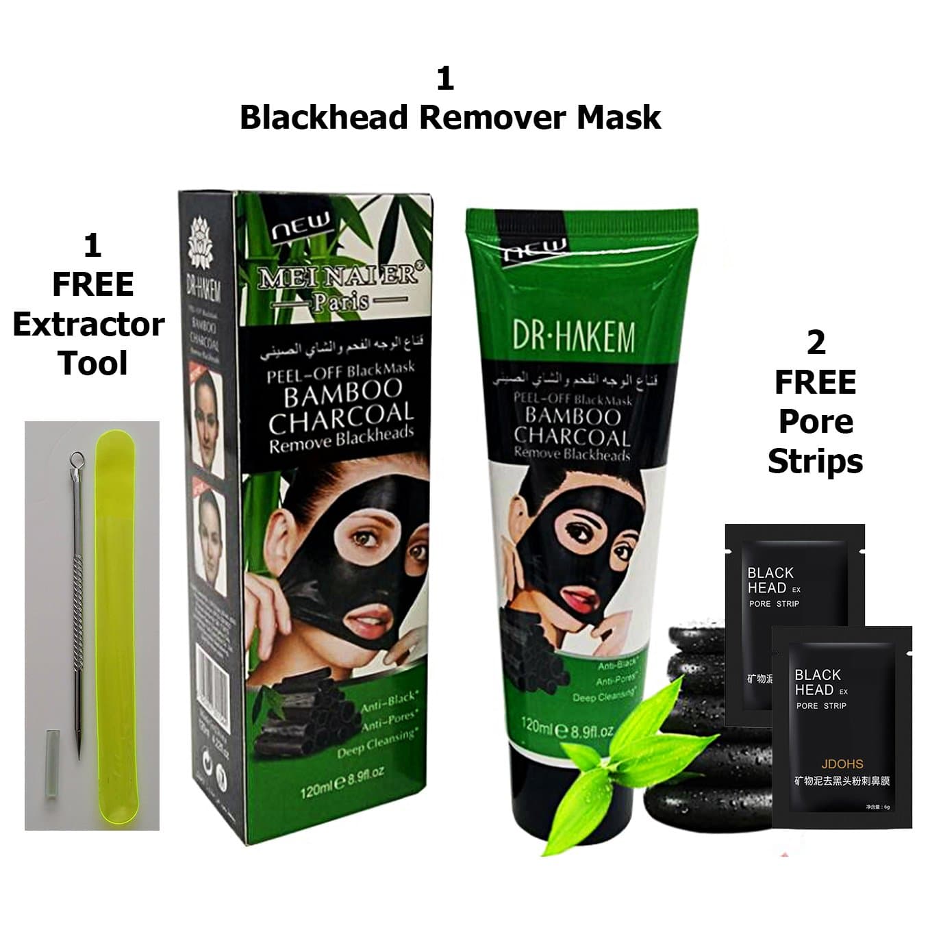 1 Black Mask 1 Extractor 2 Pore Strips Large Deep Cleansing Charcoal Facial Mask Peel Off Blackhead Remover for Face Blackheads Pimples Clogged Pores Whitehead Blemish Acne Treatment Anti-Aging Effect