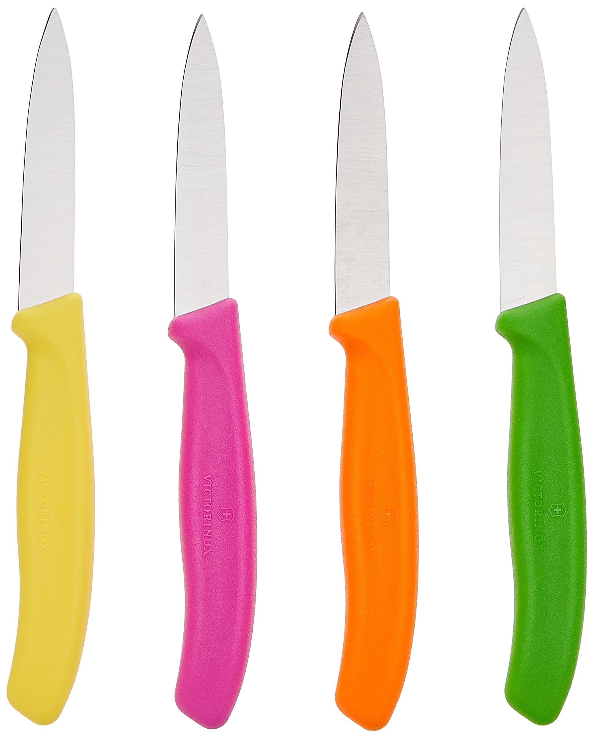 4-Piece Set of 3.25 Inch Swiss Classic Paring Knives with Straight Edge, Spear Point, 3.25", Pink/Green/Yellow/Orange