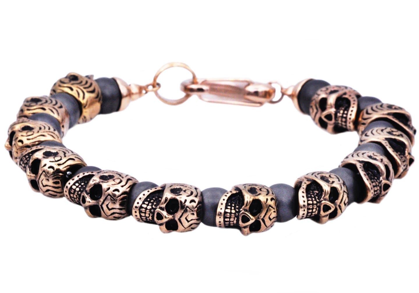 Blackjack Jewelry Men's Genuine Gemstone Stainless Steel Skeleton Skull Punk Beaded Hand Bracelet With Cuff Hook Clasp