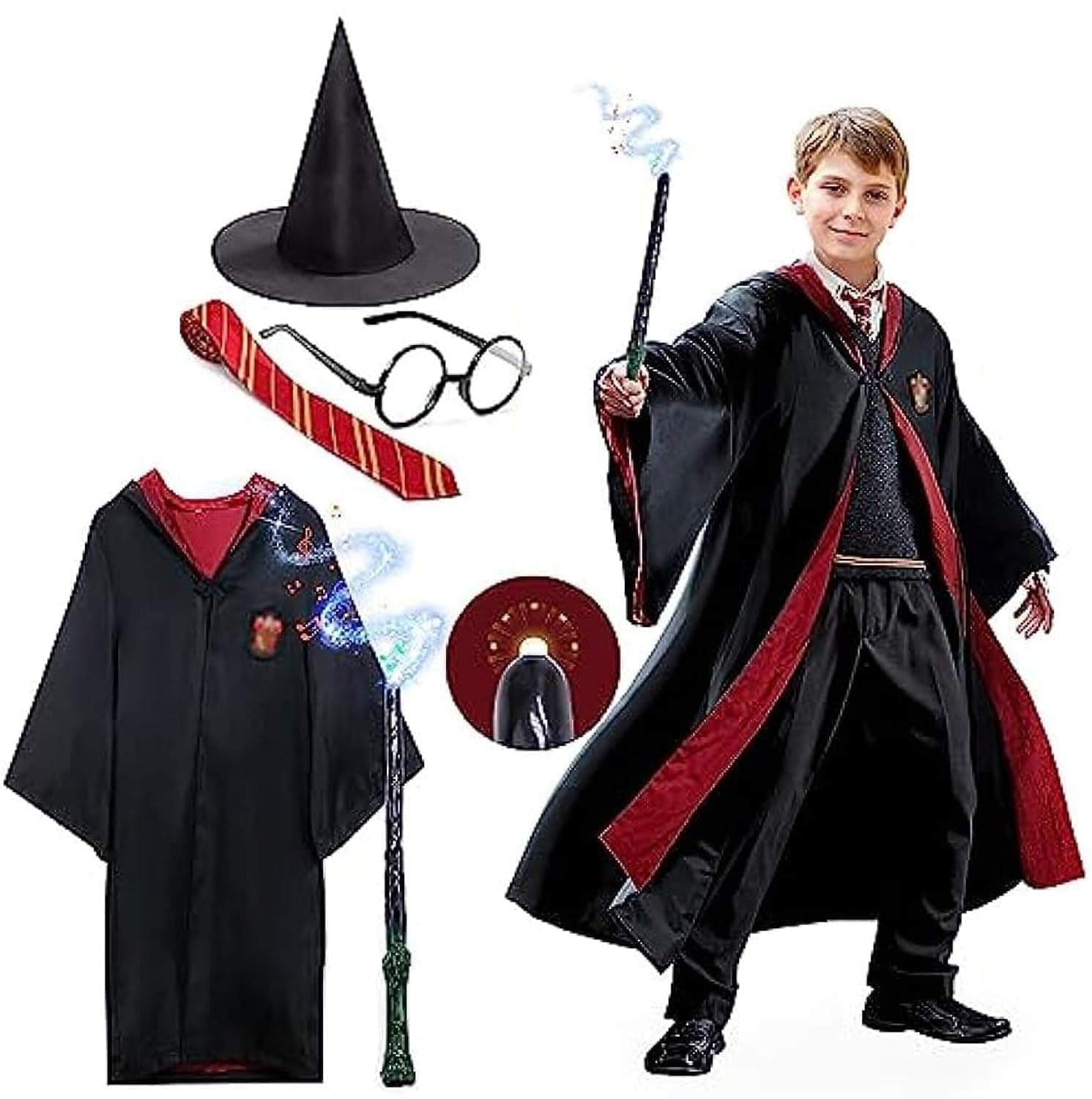 SKADE Wizard 5 pcs Costume Cosplay Set for Party Halloween Christmas Birthday Gifts for Boys and Girls,Striped Tie, Glasses Frame, Wizard Hat, Magic Wand