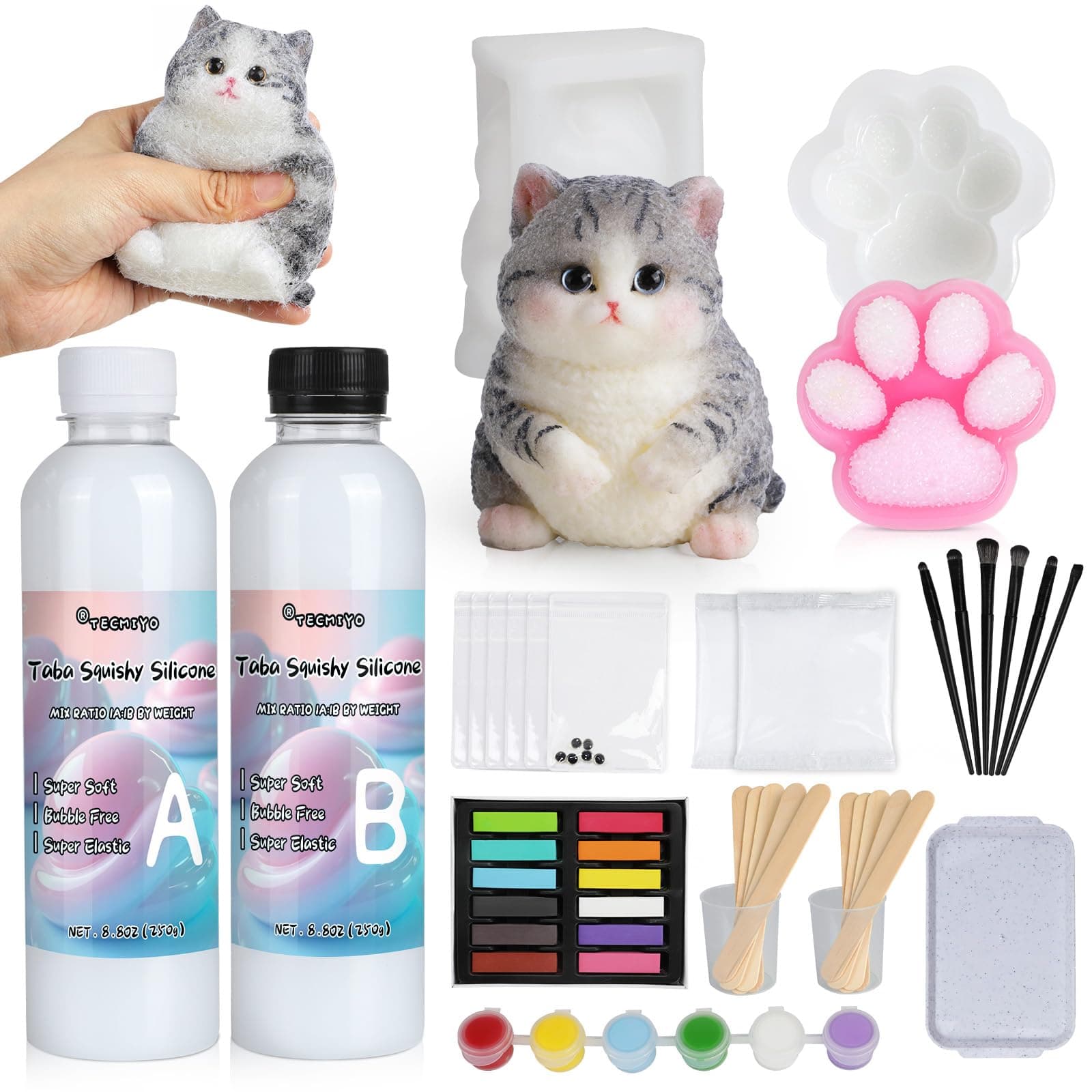TECMIYO DIY Hand-Painted Squishy Making Kit – 18oz Liquid Silicone Gel for Taba Squishies with Chubby Cat and Cat Paw Molds