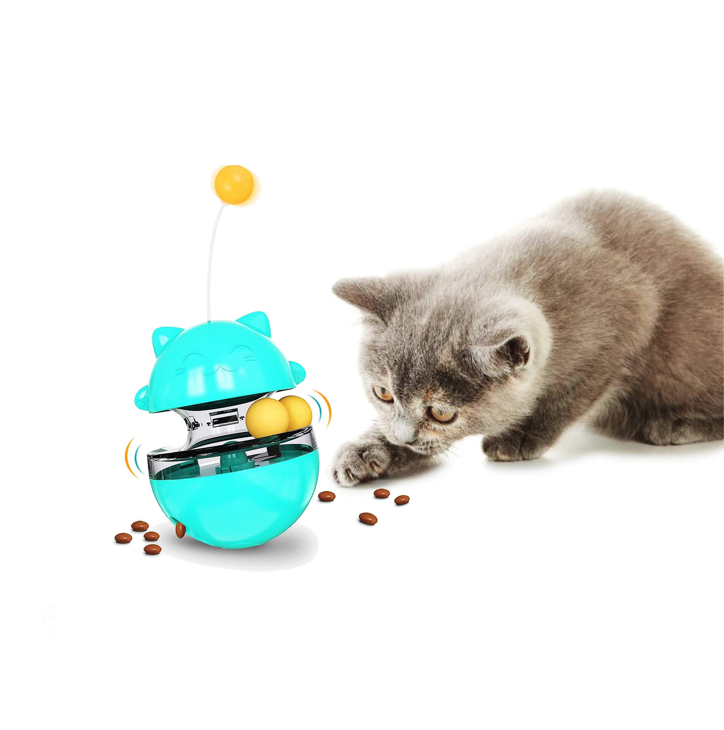 Cat Toy Funny Tumbler Interactive Ball, Treat Dispenser Automatic No-Electronic Move, More Exercise for Indoor Cats Kittens, Cat Self-Play IQ Traning Treat Toy Ball, Blue