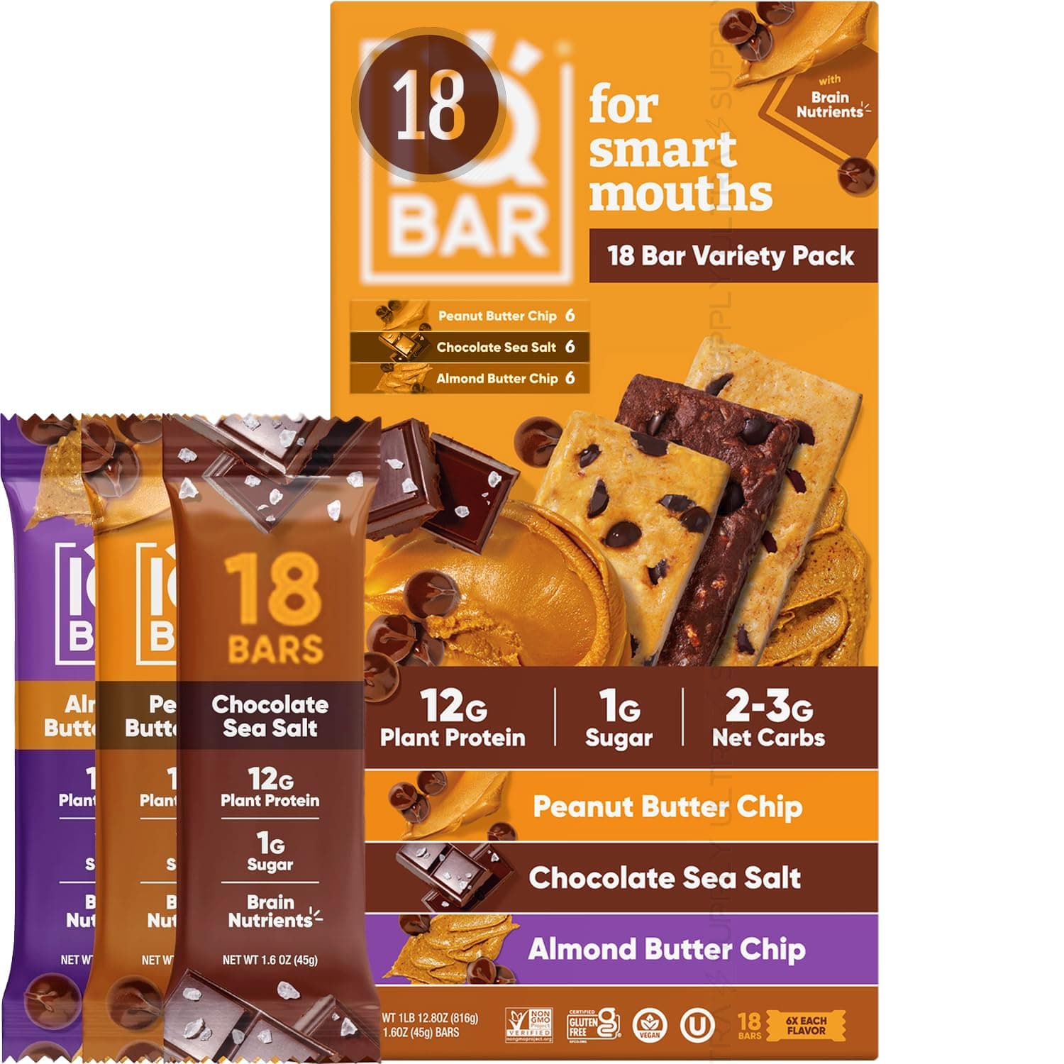 IQ-BAR Plant Protein Bars, Variety Pack, 1.6 oz, (18 Count) – Keto-Friendly, Vegan, Gluten-Free, 12g Protein, Low Sugar, Brain-Boosting Nutrients
