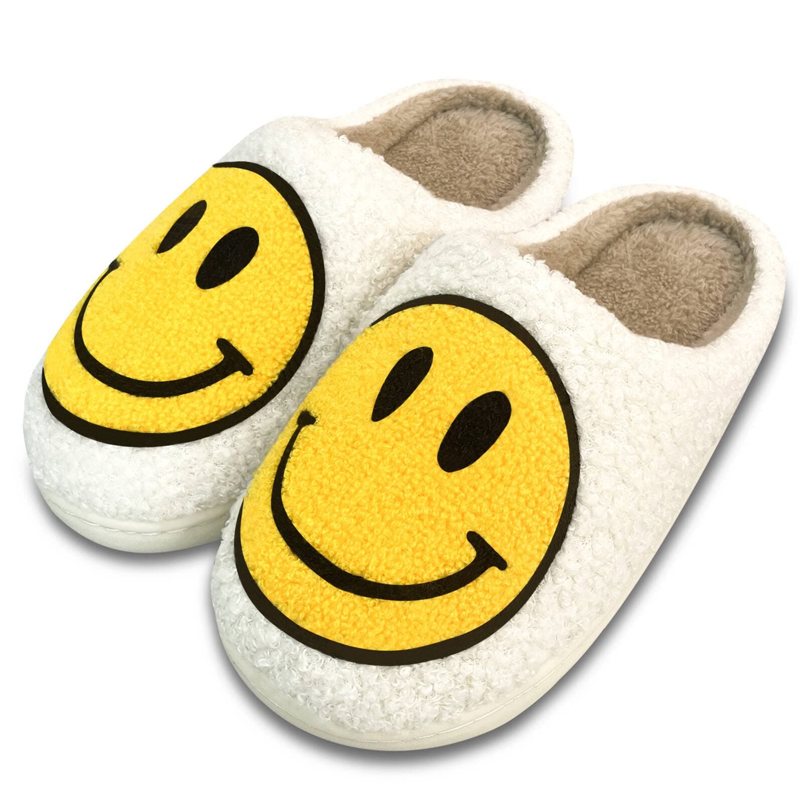 YJJYWomen's Retro Smile Face Slippers, Soft Plush, Anti-Skid Sole, White, Size US 5-11/EU 36-43