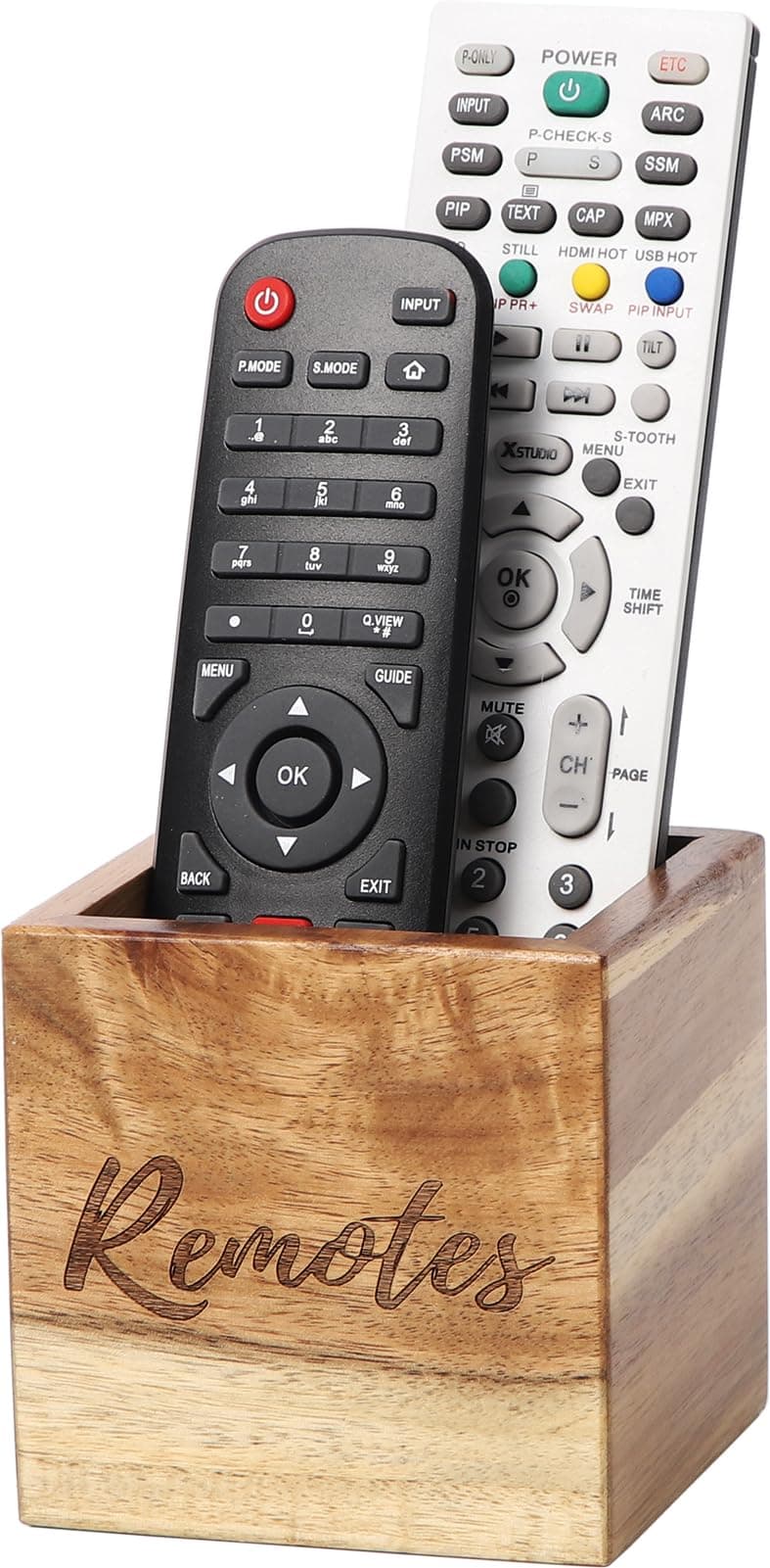 Remote Control Holder, Acacia Wooden Tv Remote Holder, Remote Holder for Table, Remote Control Storage Organizer Caddy (for 2 or 3 Remote Controls) 3.5 x3.5x3.5