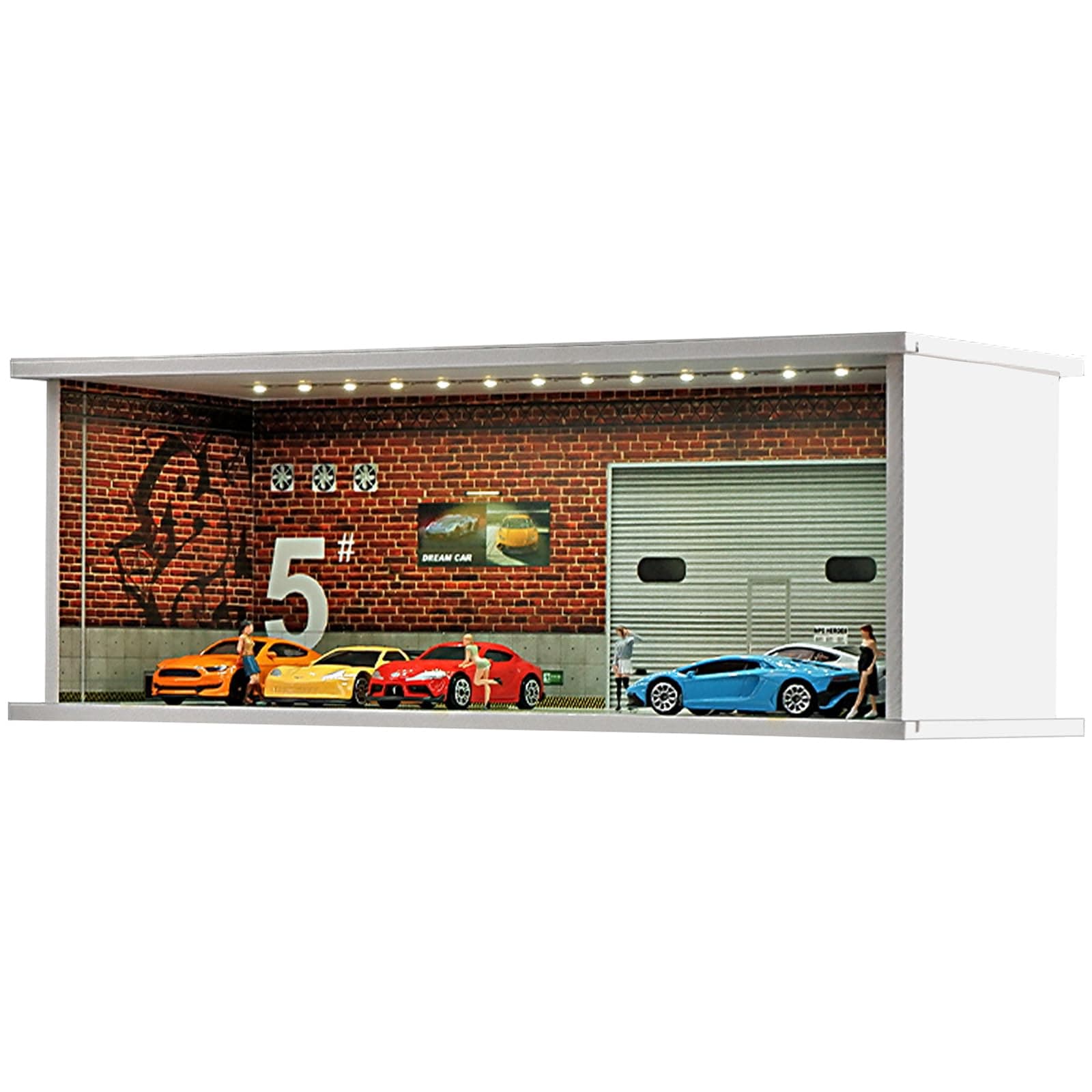 Display Case for Hot Wheel with LED Light Stackable Mega Garage Storage for 1:64 Matchbox & Diecast Cars 6-Slot Parking Diorama with Illuminated Showcase (Red-No. 5 Garage)