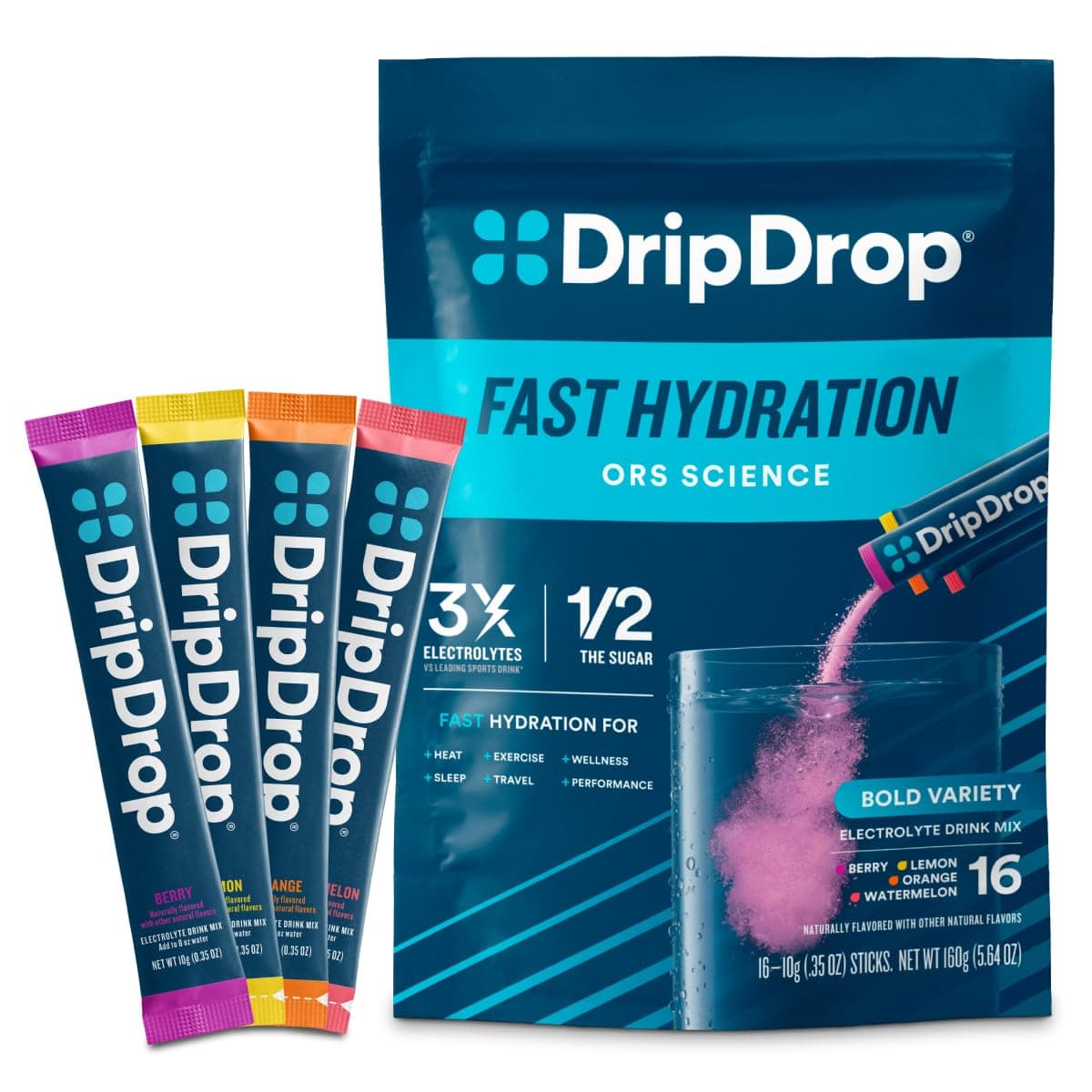 DripDrop Hydration - Bold Variety Pack - Electrolyte Drink Mix Single Serve Hydration Powder Packets - Watermelon, Berry, Lemon, Orange | Non-GMO, Gluten Free, Vegan | 16 Sticks