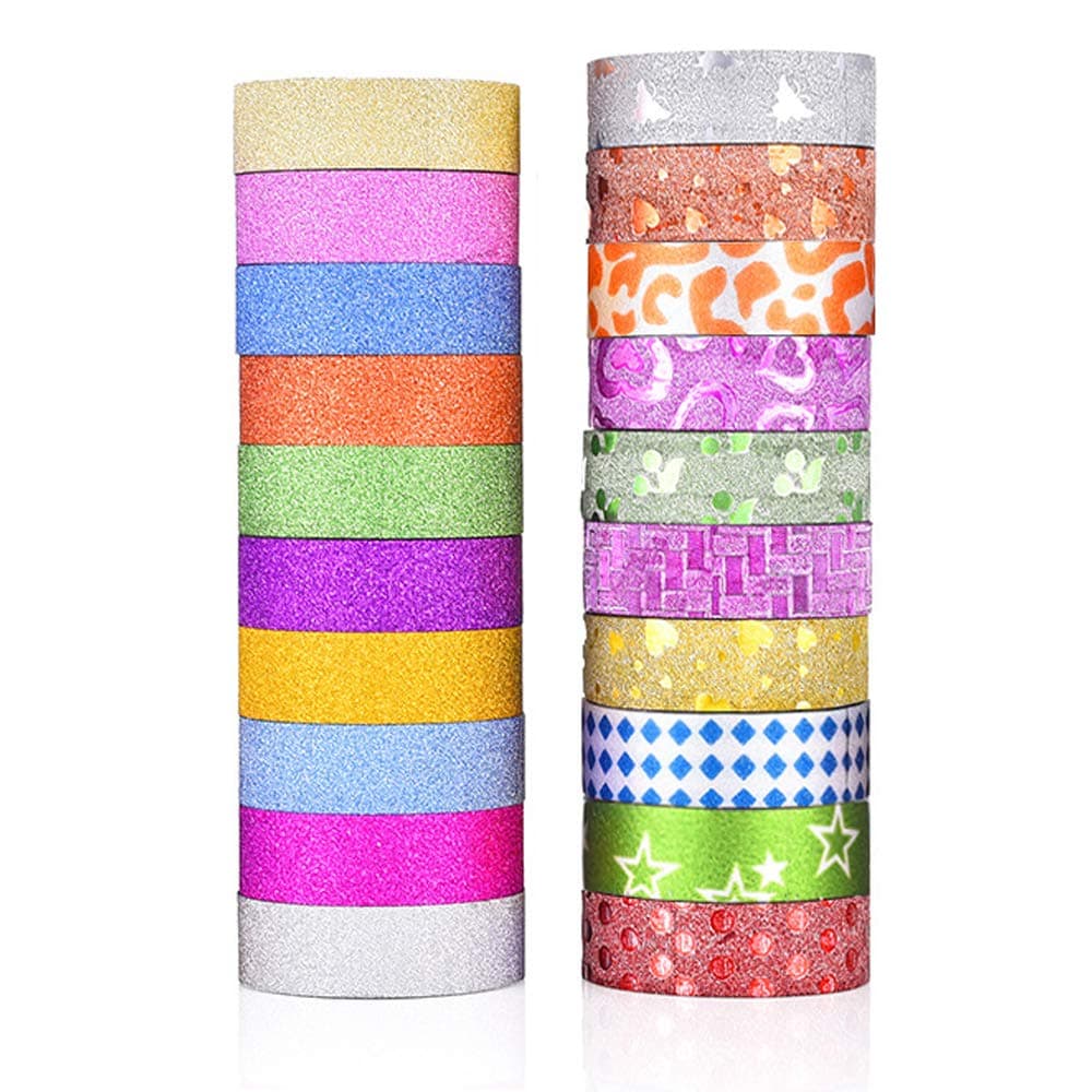 20 Rolls Washi Craft Tape, Reusable Glitter Decor Tape Sticker, Masking Scrapbooking Waterproof Tape for DIY Crafts Book Cards Designs Gift-Wrapping, Planner, Album