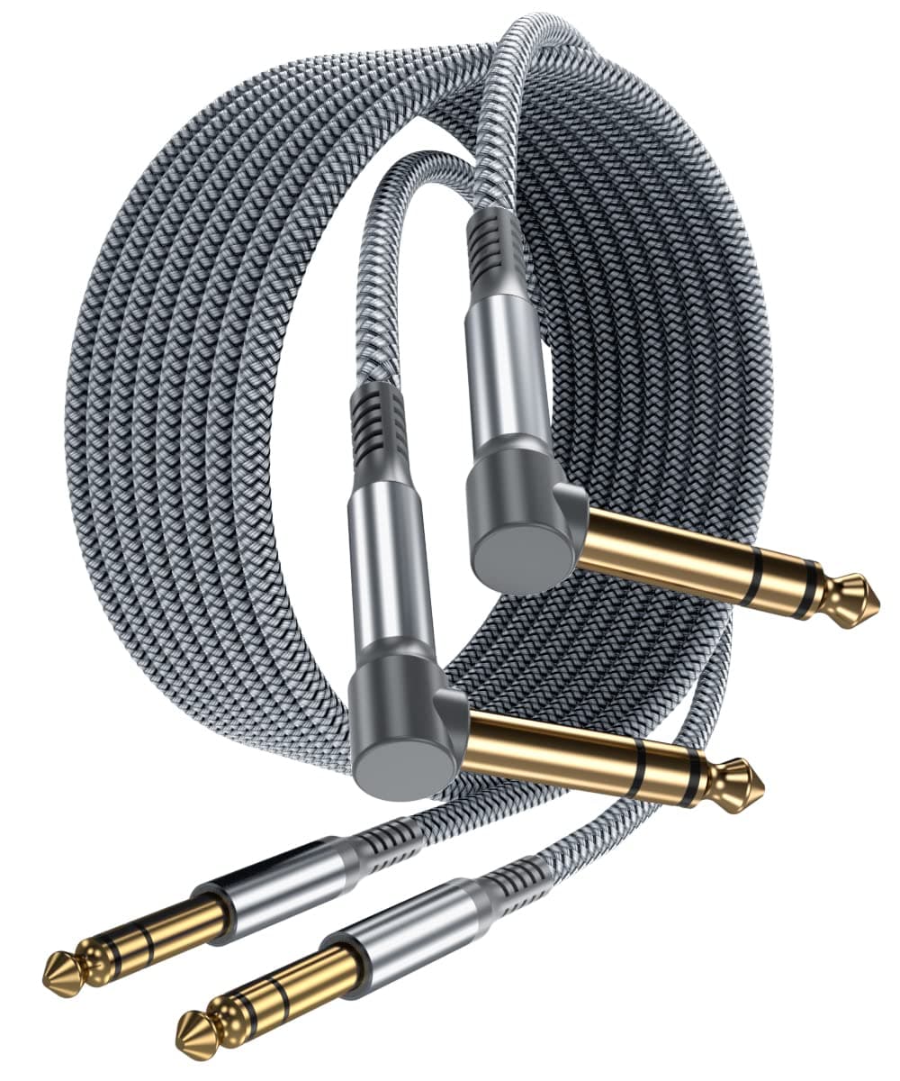 1/4 Inch TRS Instrument Cable 10ft 2-Pack,Right-angle to Straight 6.35mm Male Jack Stereo Audio Cord,6.35 Balanced Interconnect Line for Electric Guitar,Bass,Keyboard,Mixer,Amplifier,Speaker,Equalizer