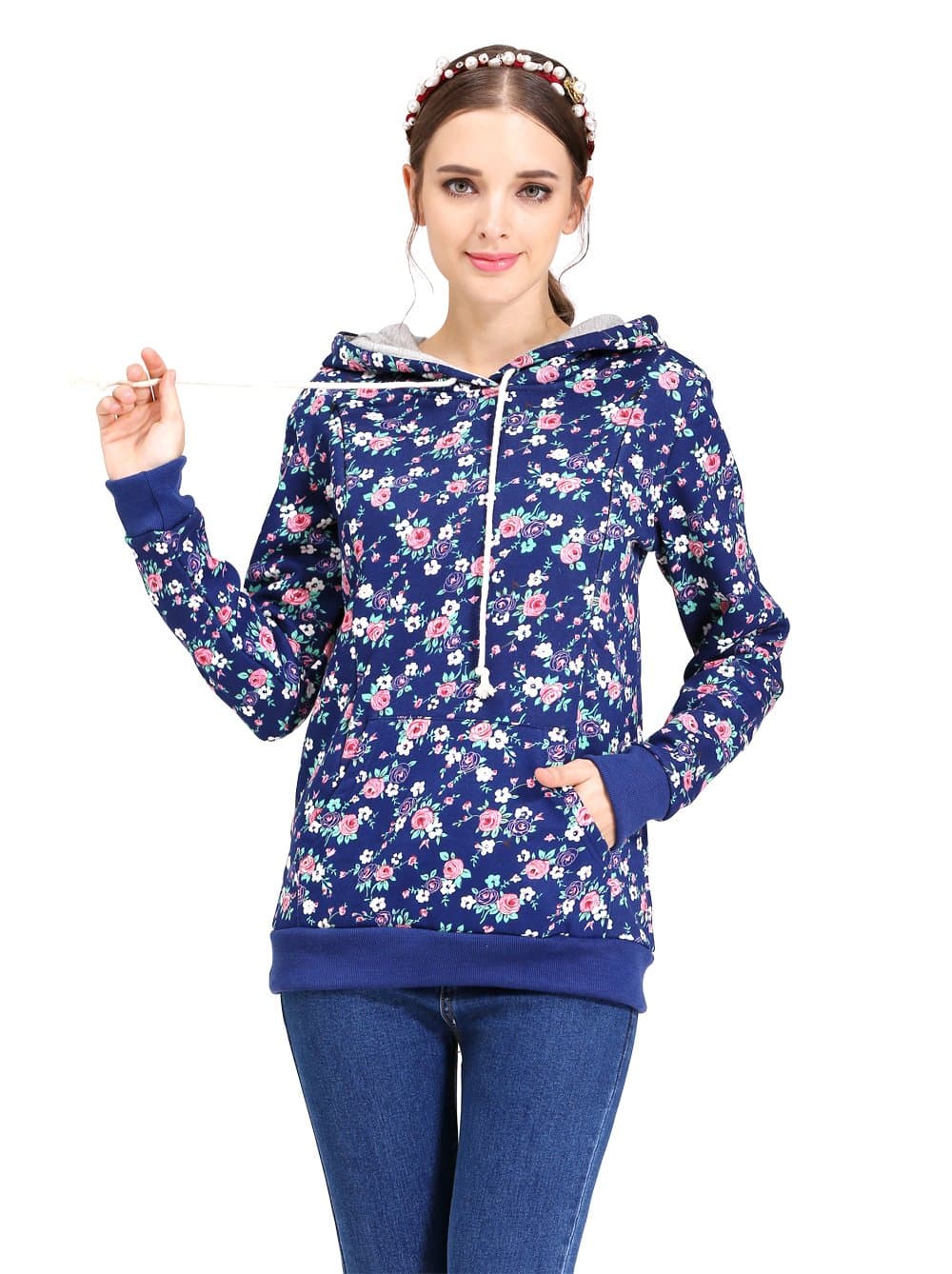 Winter Maternity Clothes Nursing Tops Breastfeeding T-Shirt Hoodie Sweater (Small, Blue)