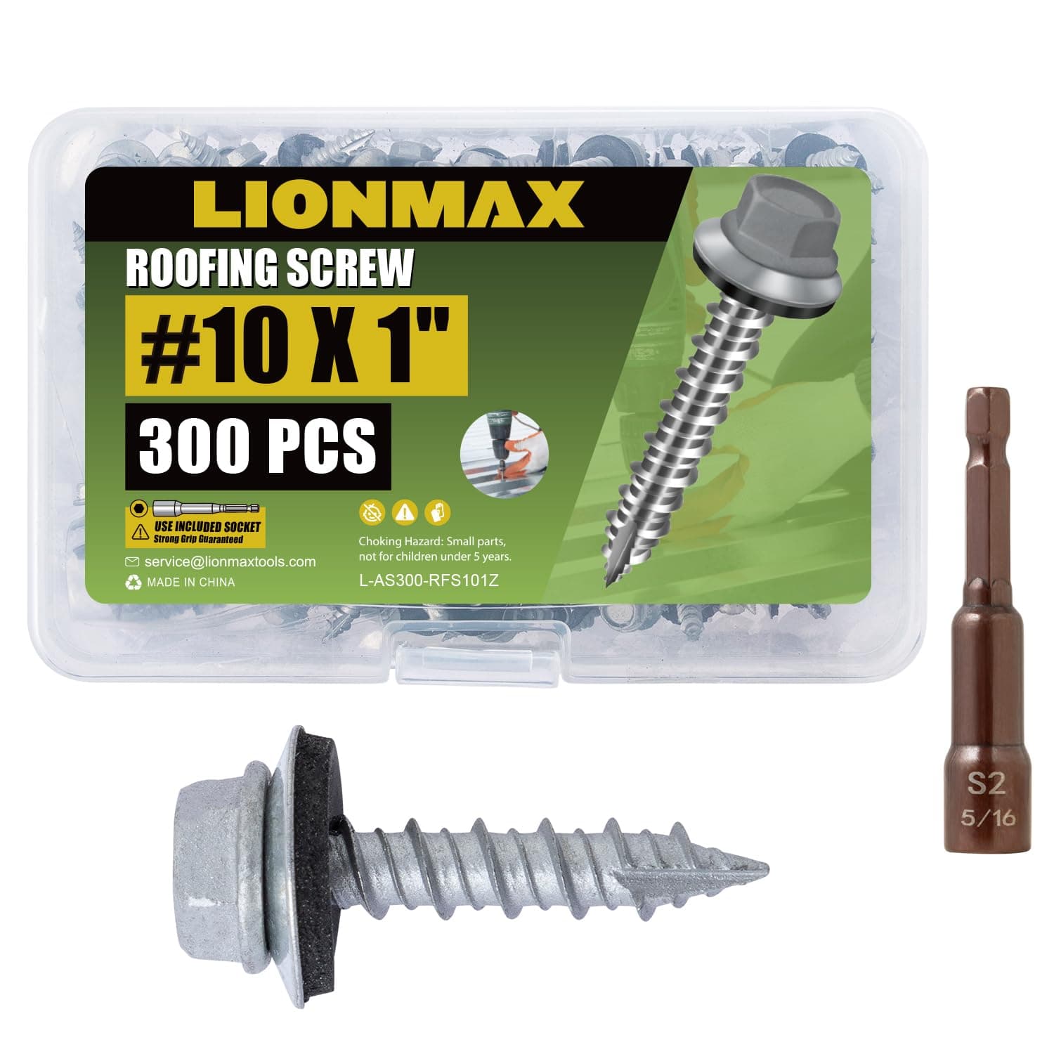 LIONMAX 300-PCS Metal Roofing Screws #10 × 1 Inch, Rustproof Coating Hex Head Sheet Metal to Wood Siding Screw with Rubber Washer, Sharp Point, Hex Socket Included