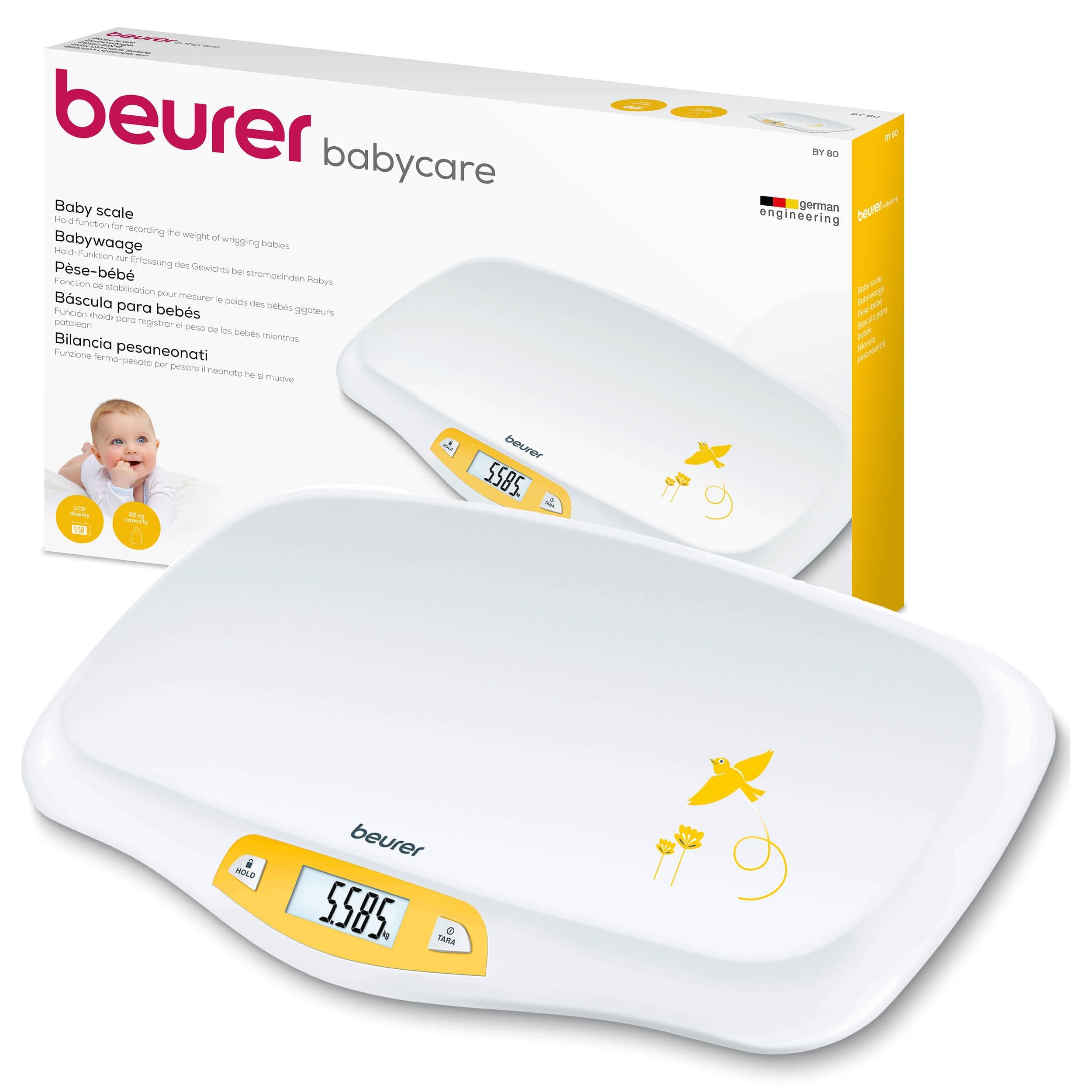 Beurer BY80 Baby Scale | Digital baby weighing scale with large LCD screen | Curved platform for comfort and safety | Tare and hold functions for easy weighing | 20kg load capacity | Easy wipe-clean