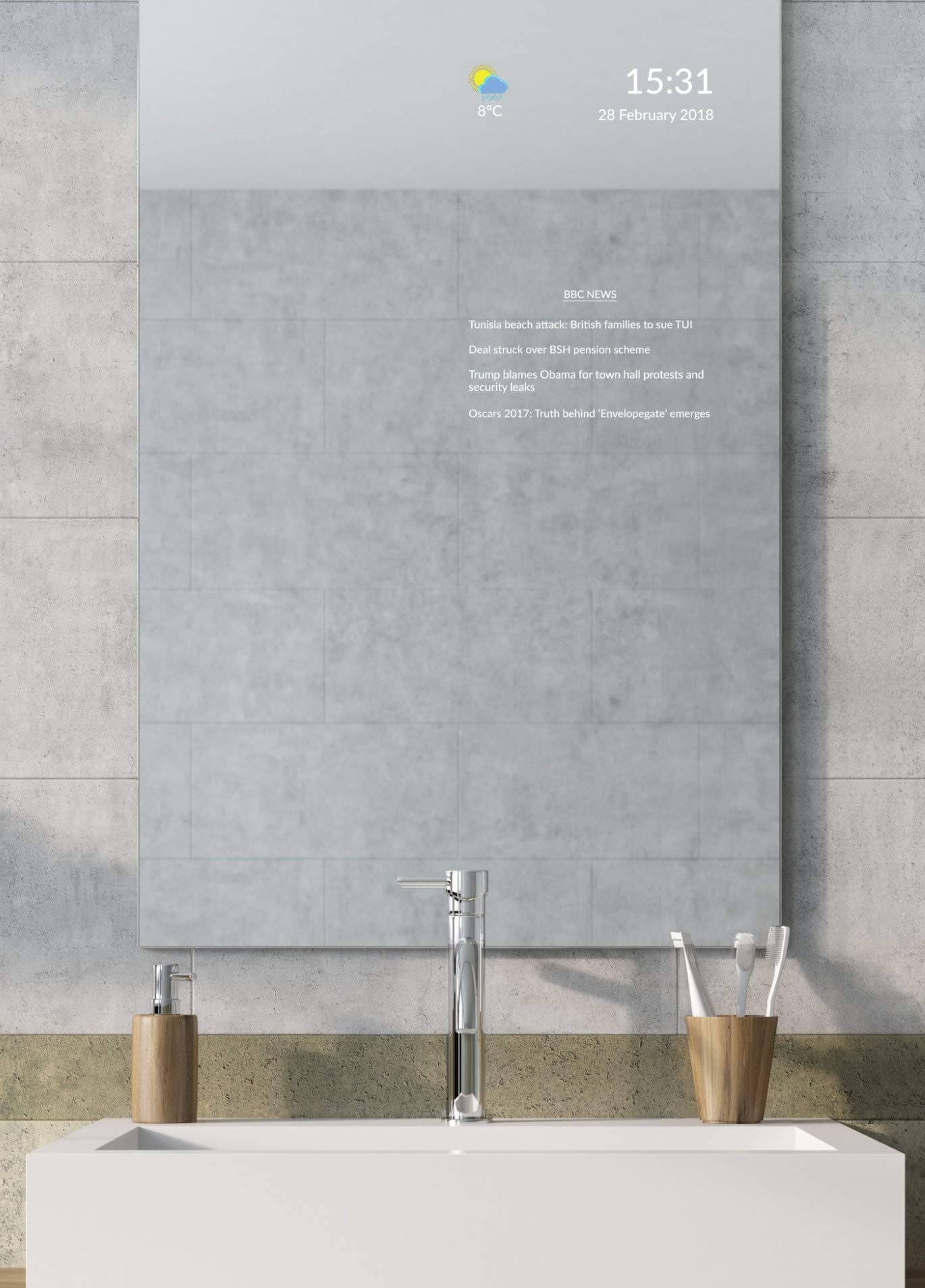 Alexa Smart Mirror - Frameless Bathroom - Google Calendar, News, Weather, Traffic, Trains, Tubes (Frameless) (8'')