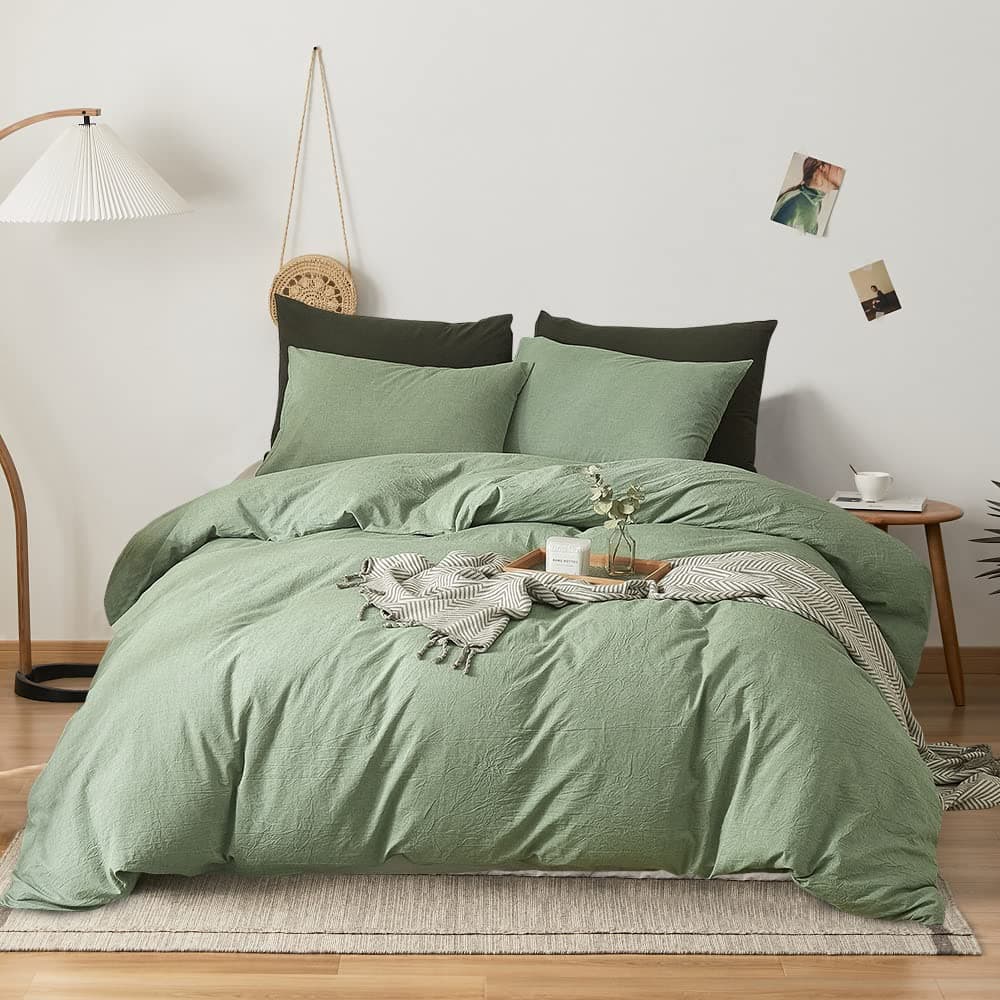VClife Sage Green Bedding Sets King Boho Style Solid Green Duvet Cover Washed Cotton King Quilt Comforter & Pillow Protector Cover Sets, 1 King Sage Green Duvet Cover and 2 Pillow Cases