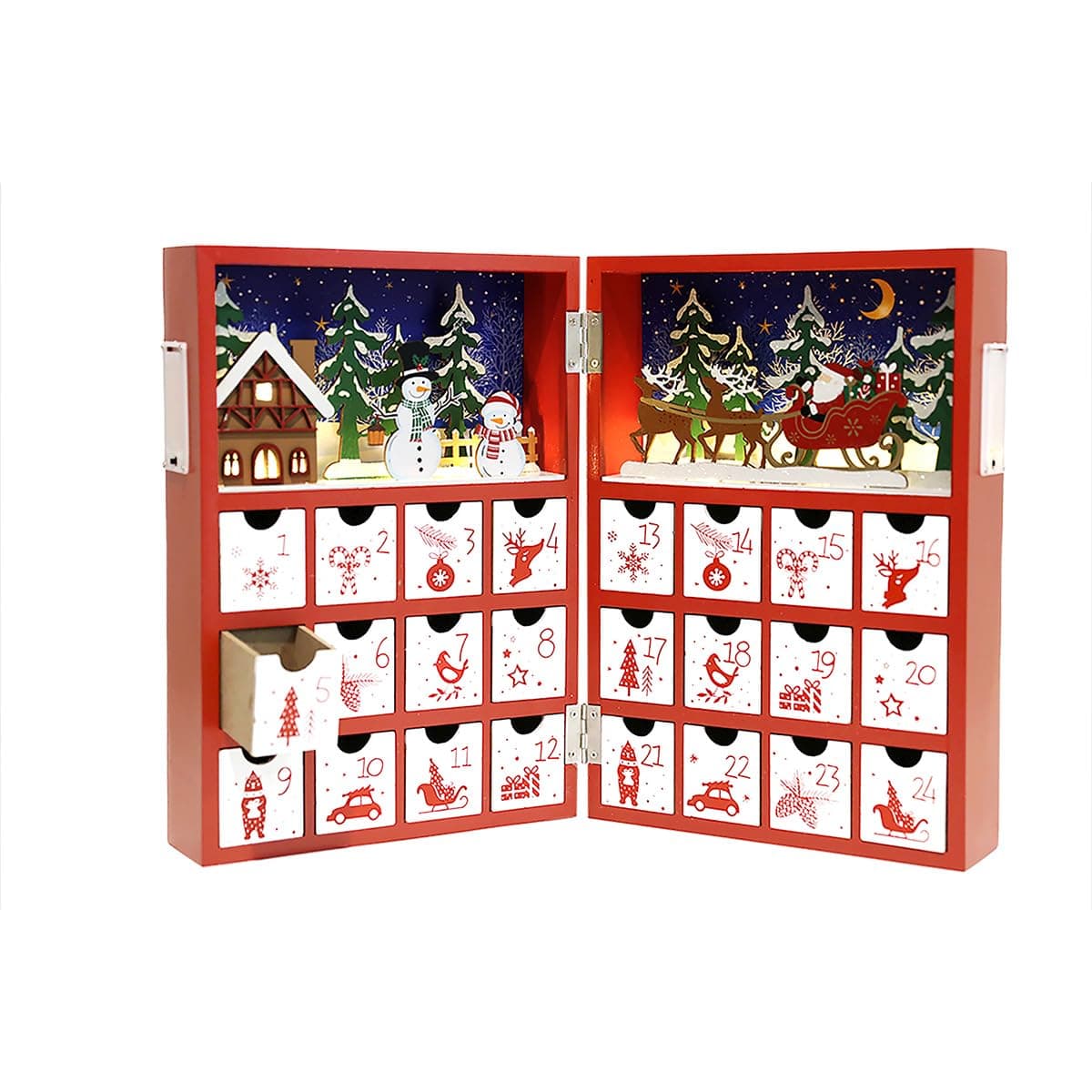Christmas Wooden Advent Calendar Book with LED lighting Red Color Christmas Snowman & Santa Countdown Holiday Gifts with 24 Drawers Adults Kids Home Decoration