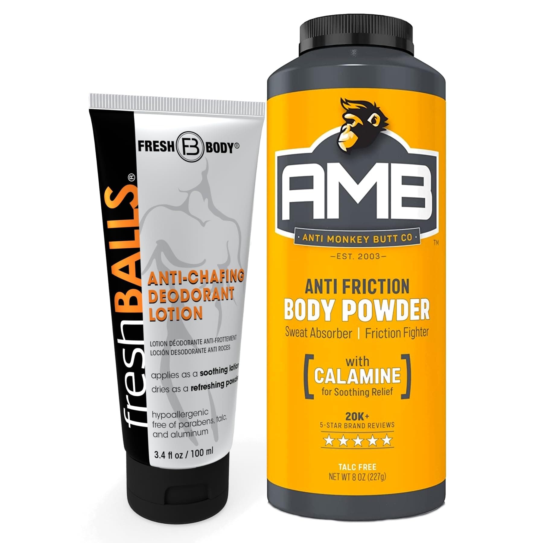 Fresh Body Anti-Monkey Butt Powder AMB, 8oz Anti-chafing Powder and Balls Lotion, 3.4oz, Men's Lotion to Powder Ball Deodorant - No Sweat Bundle, Hygiene for Groin Area