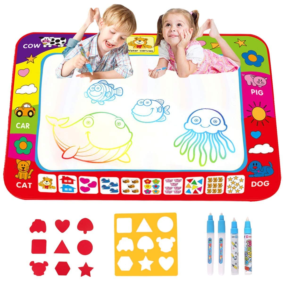 Water Magic Doodle Mat, Drawing Painting Mat(60×80cm) with 4 Magic Pen and 2 Drawing Templates,Reusable Aqua Water Drawing Mat, for Toddlers, Boys, Girls…