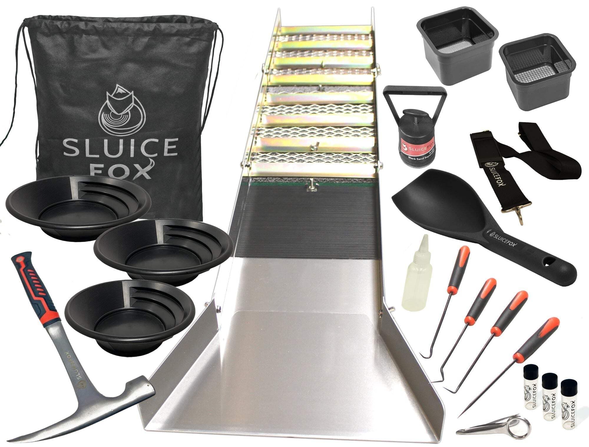 Complete Gold Mining Kit; Folding 50 inch Gold Sluice Box; Gold Prospecting Equipment; Rock Pick Hammer; Gold Classifiers; Pay Dirt Scoop; Crevice Tools and More