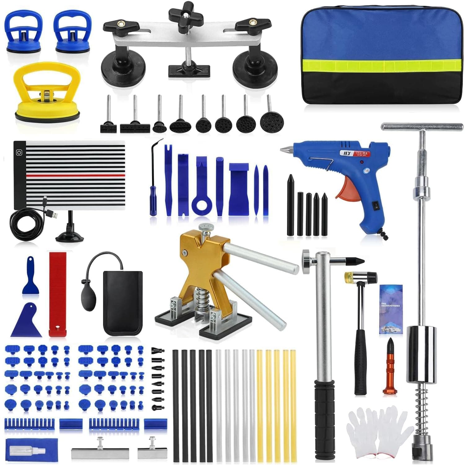RVGIVE 128 PCS Car Paintless Dent Repair Kit witk Gold Lifter, Reflector, T-Hammer Puller, Suction Cup Lifter, Hand Held Replaceable Hammer for Repairing Minor and deep dents in auto.