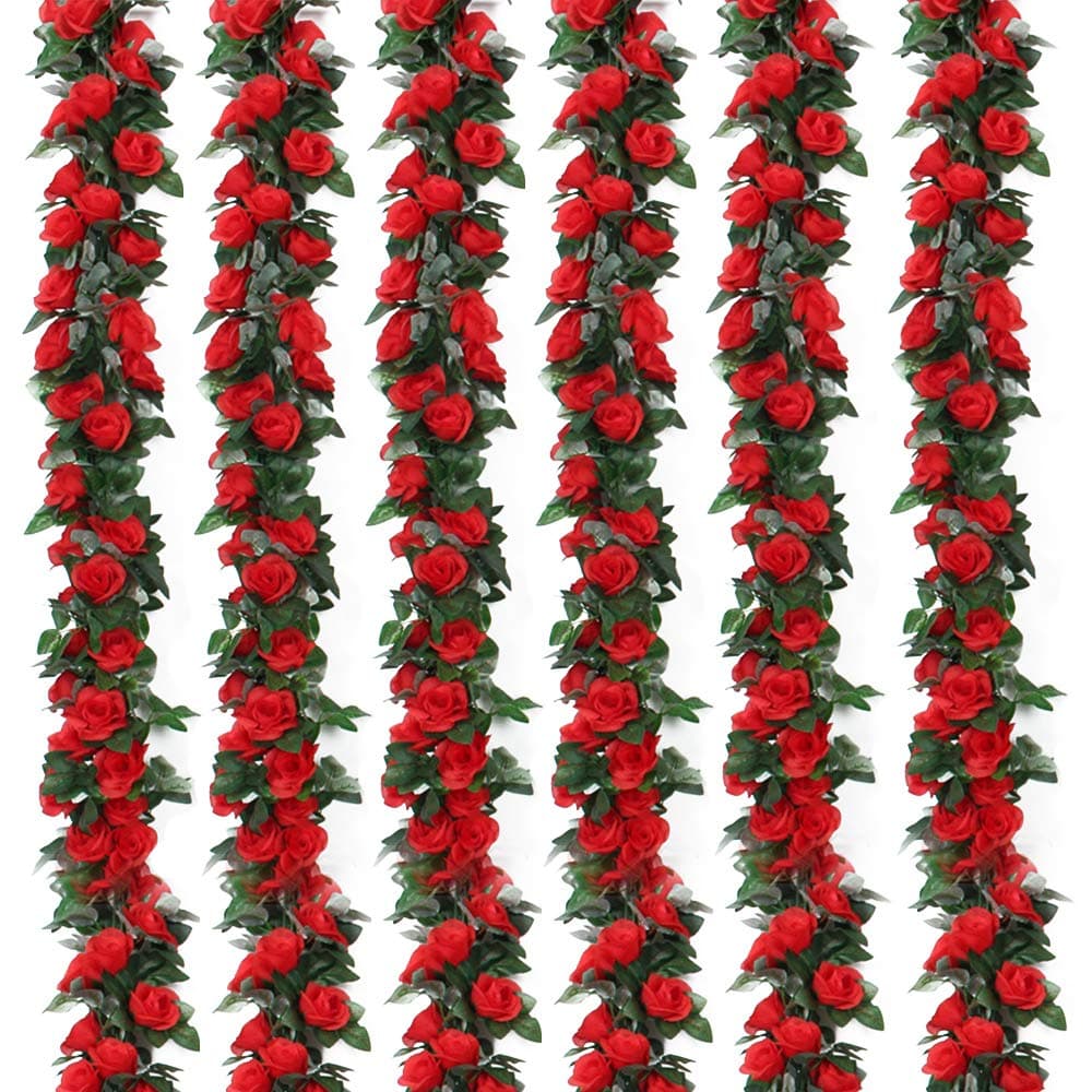 Musdoney 6 Pack 43.3 FT Fake Rose Vine Flowers Plants Artificial Flower Hanging Rose Ivy Home Hotel Office Wedding Party Garden Craft Art Décor (Red)