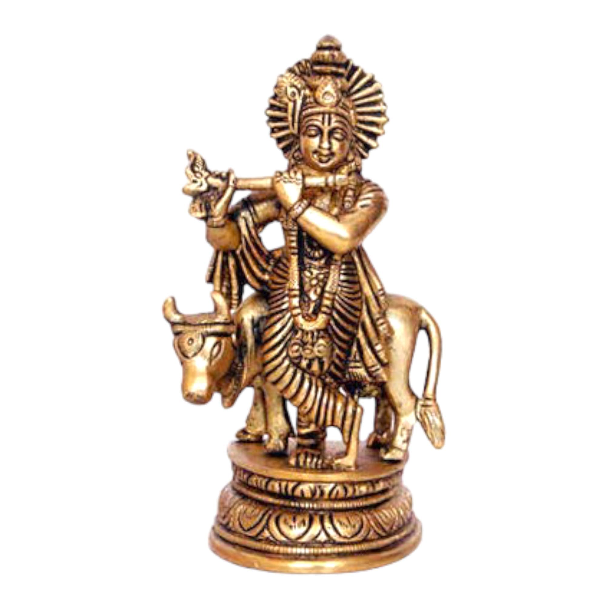 HC- Astadhatu Mix Pure Brass Made Shri Krishna with Darling Cow Pooja Idol/Decorative Krishna with Cow Brass Idol for Good Luck, Success and Prosperity (8 cm)