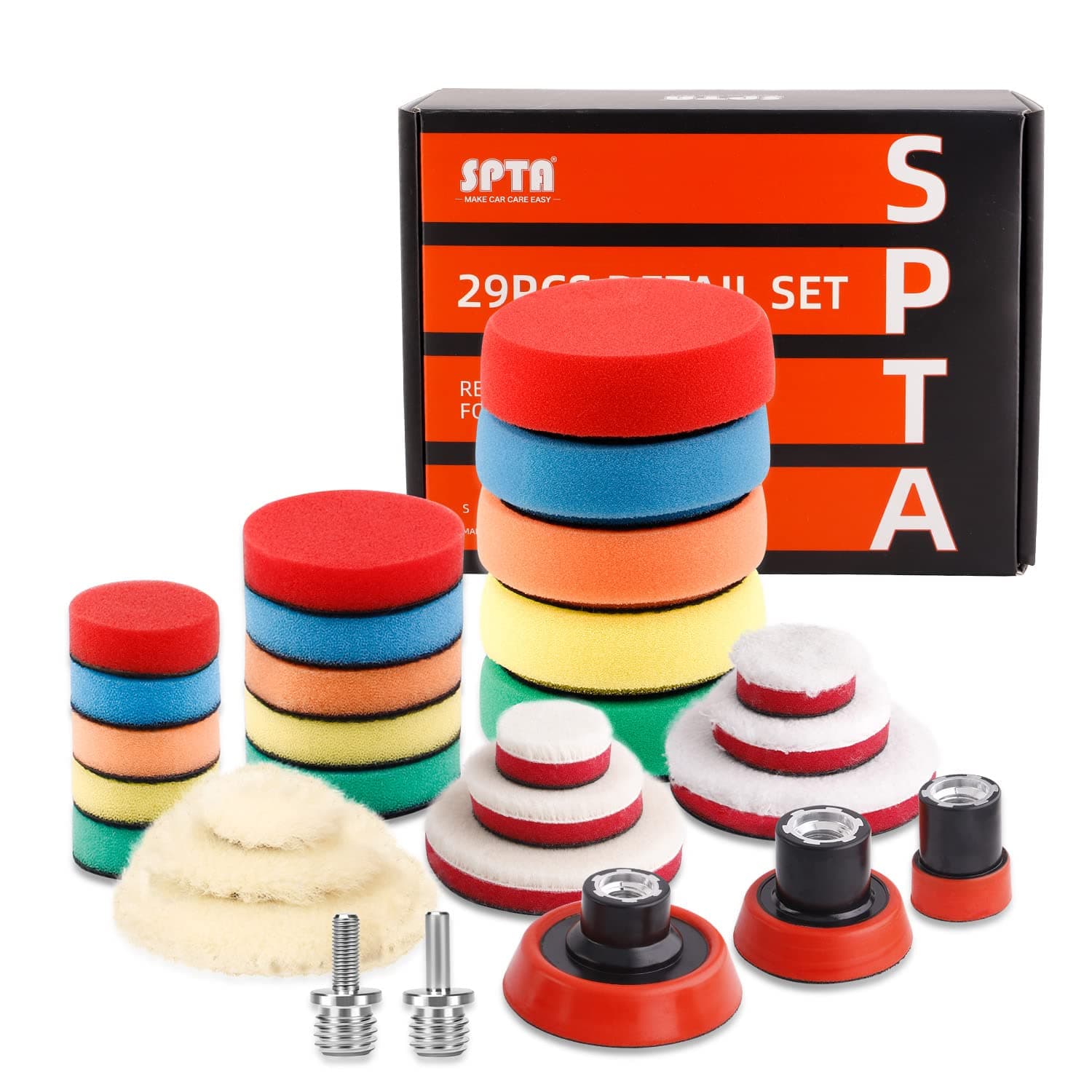 29pcs 25mm/50mm/80mm Polishing Pads Drill Buffing Pad Detail Polishing Pad Compound Kit with M14 Thread Backing pad & Adapters for Car Sanding, Polishing, Waxing, Sealing Glaze