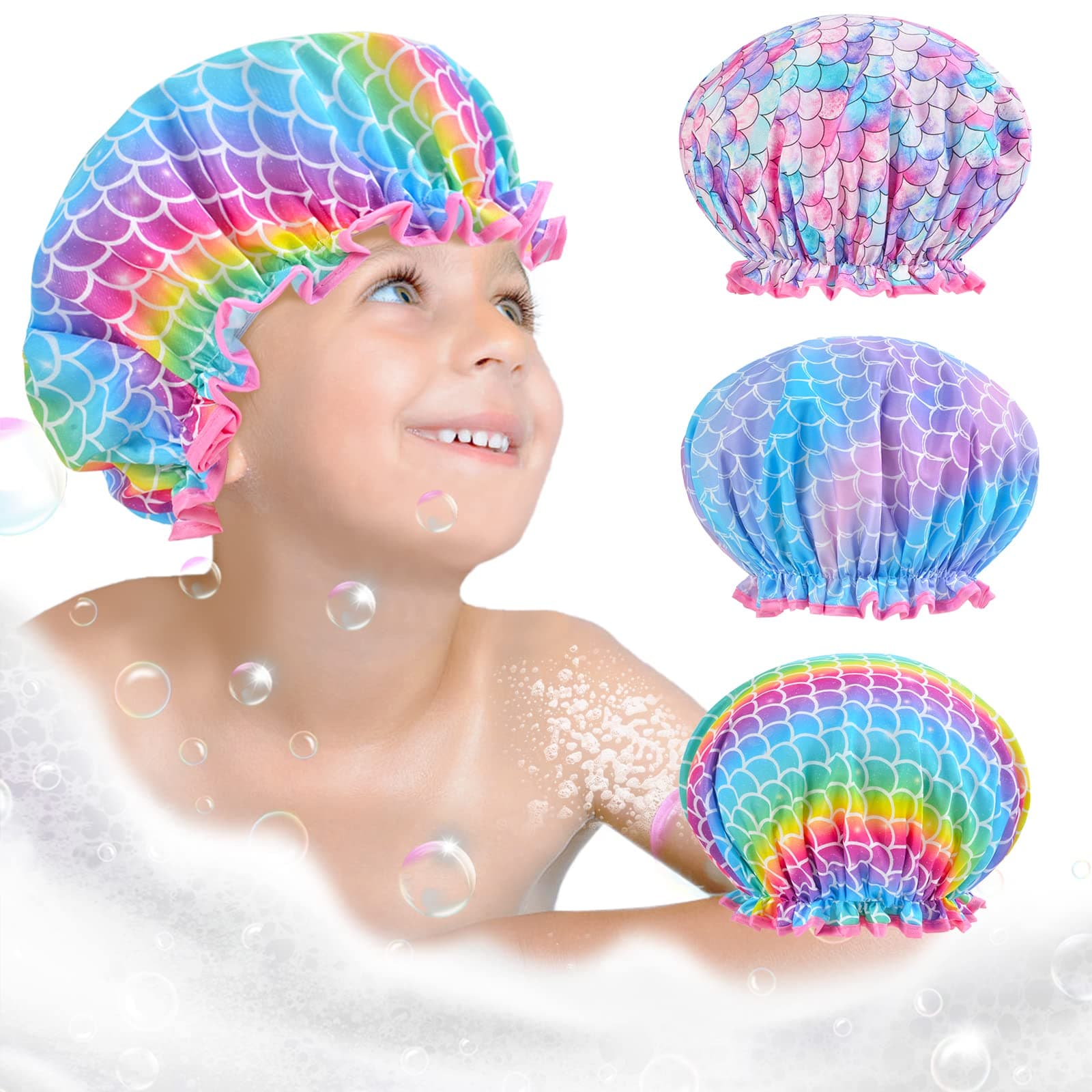 Olypegic Kids Shower Cap, 3 Pcs Girls Shower Cap for Kids Reusable Waterproof Adjustable Large Hair Cap Unicorn Mermaid Rainbow Cute Hair Cover Hat