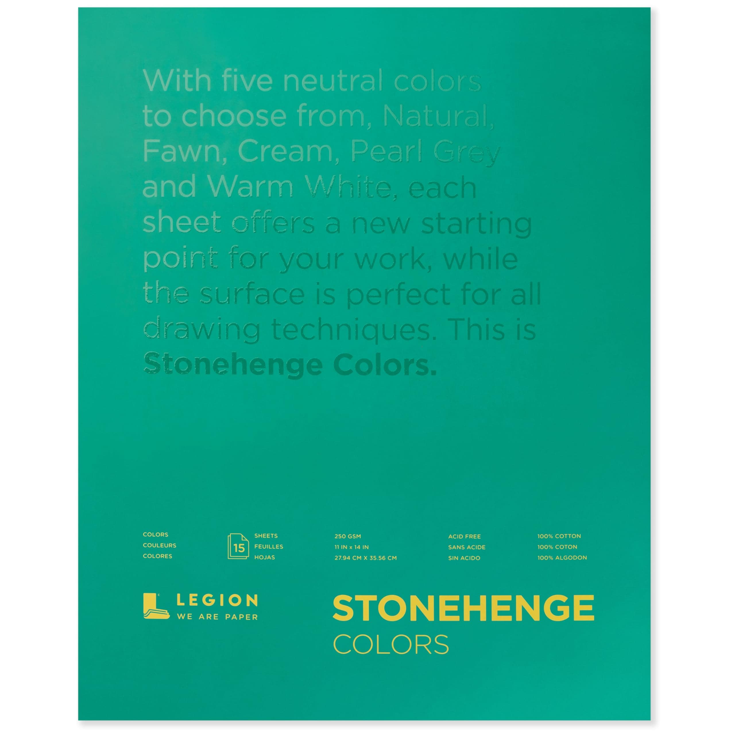 Legion Paper Stonehenge 100% Cotton Medium Weight Pad, Multi-Color (Warm White, Natural, Cream, Fawn, Pearl Grey), 11 x 14 inches, 250gsm, 15 Sheets for Dry Media
