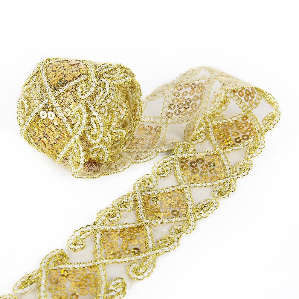 Sequins Lace Mesh Trim Lace Ribbon Applique Sewing Craft Supplies 10 Yards for Clothing Curtain Table Runner Making Decorating (Gold)
