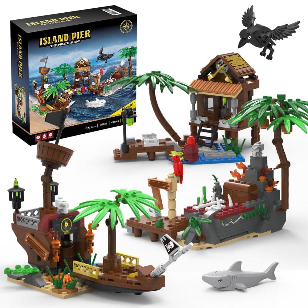 MesiondyPirate Ship Building Brick Toy Set - 497pcs, Shoal Island, Pirate Repair Port, with Sharks, Crow, Sunken Treasure for 7-9year boy