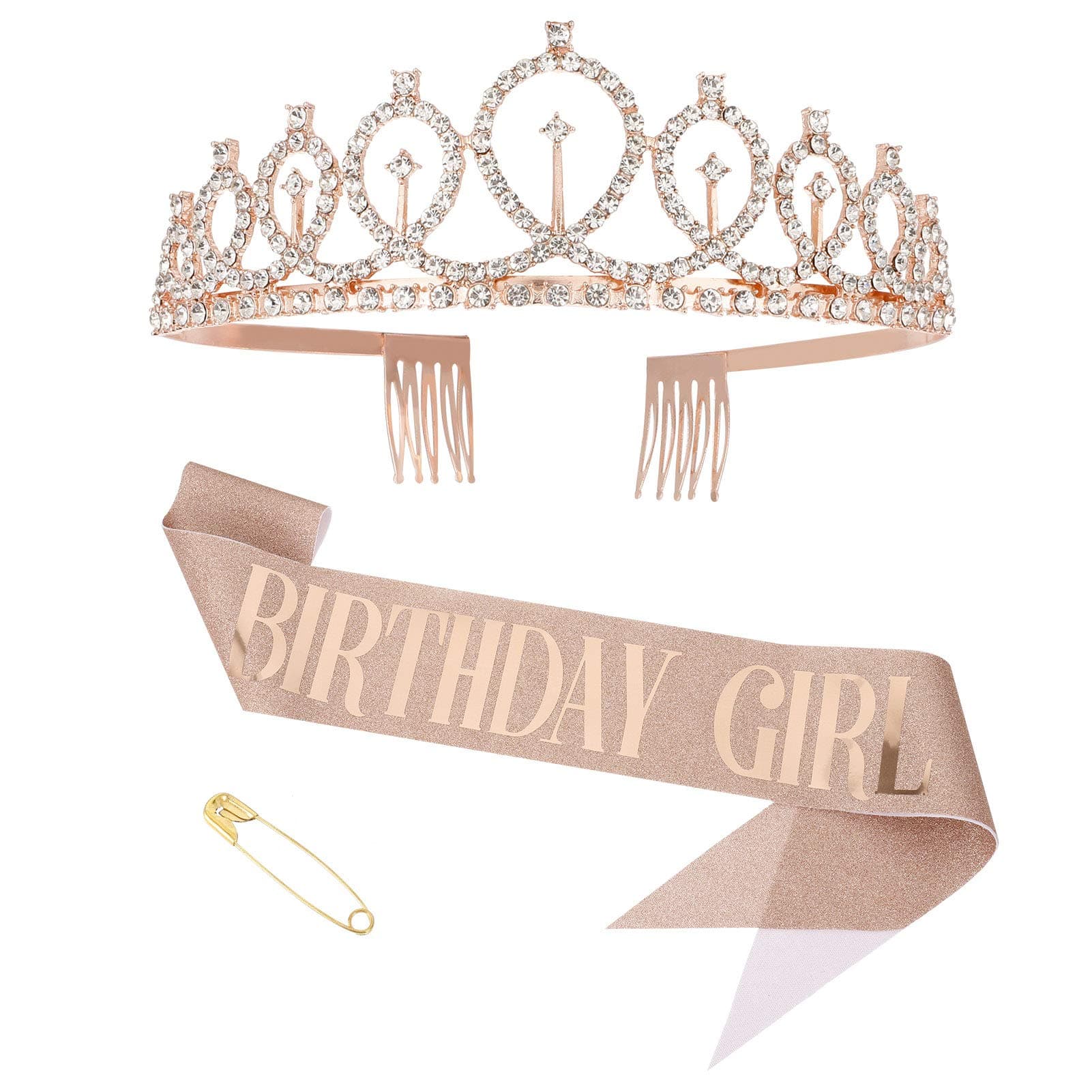 Herqw61 2 Pcs Happy Birthday Sash and Tiara, Rose Gold Glitter Birthday Crystal Crown for Birthday Party Supplies and Decorations