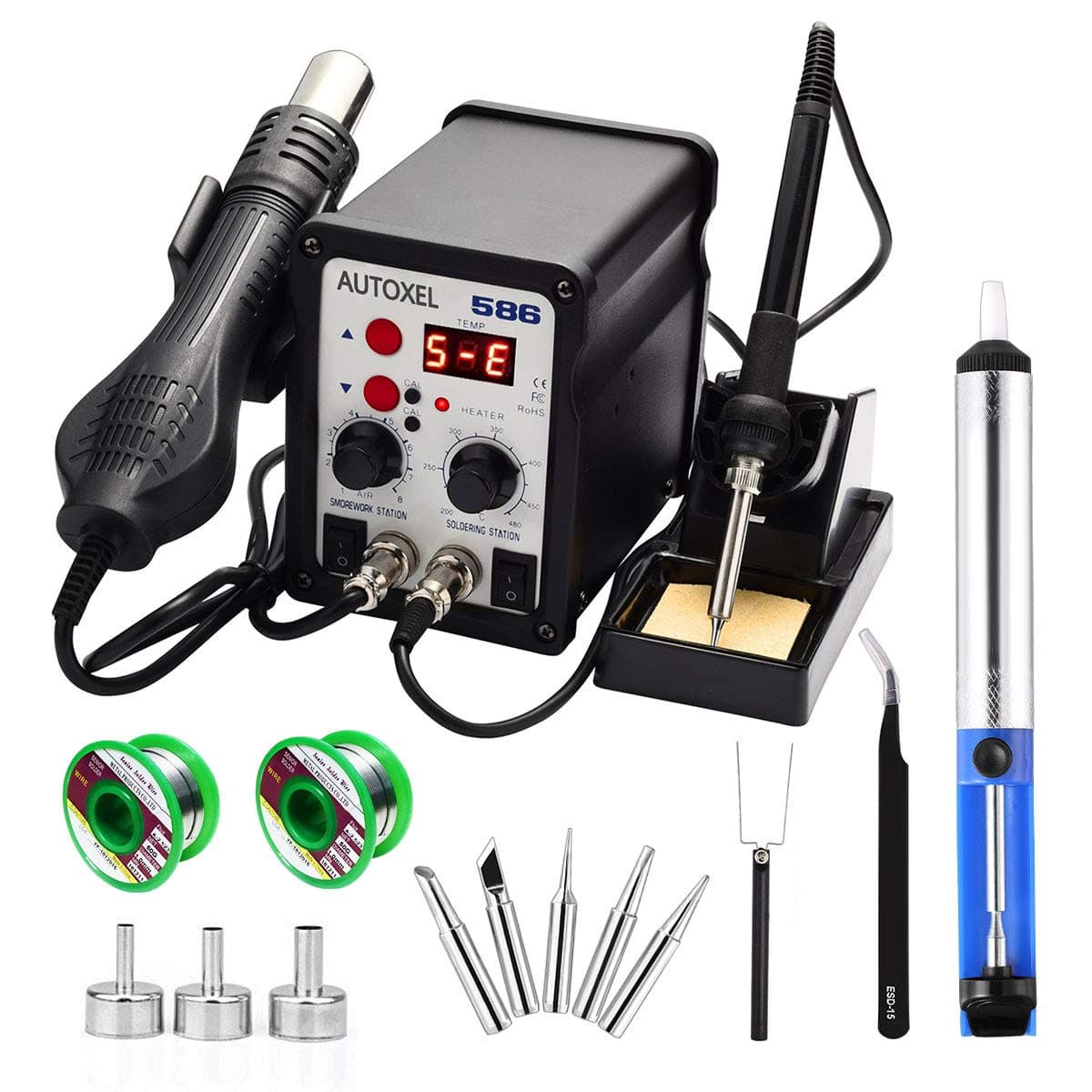 BYNIIUR 2 in 1 Soldering Station,Digital Display SMD Hot Air Rework Station and Soldering Iron, Solder Wire,Tweezers,Desoldering Pump,700W 480℃ 110V