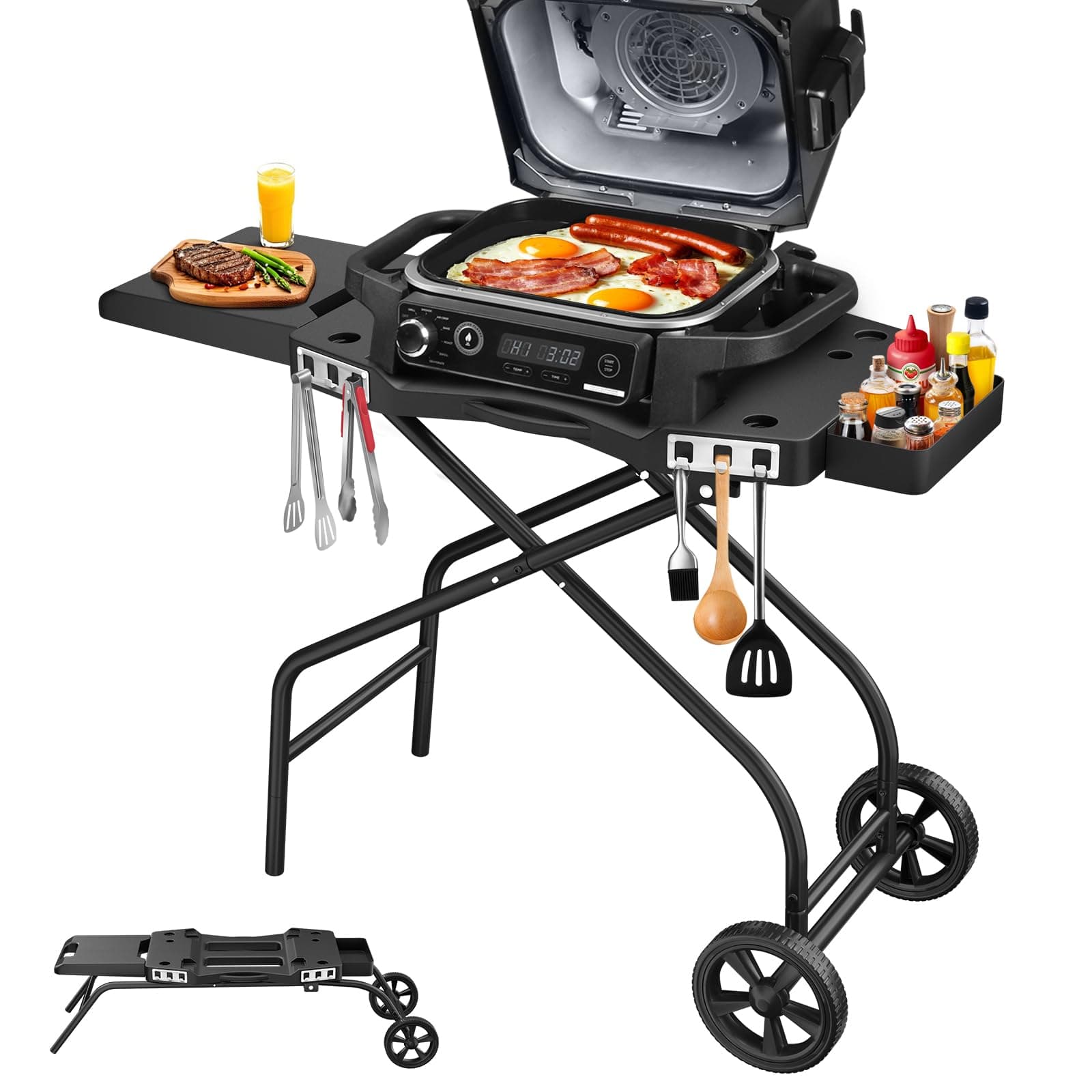 Grill Stand for Ninja Woodfire Outdoor Grills, Fits for Ninja OG700 Series OG701 OG705 OG750 OG751, Collapsible Outdoor Grill Cart for ninja Smoker, 22" Blackstone, Hooks