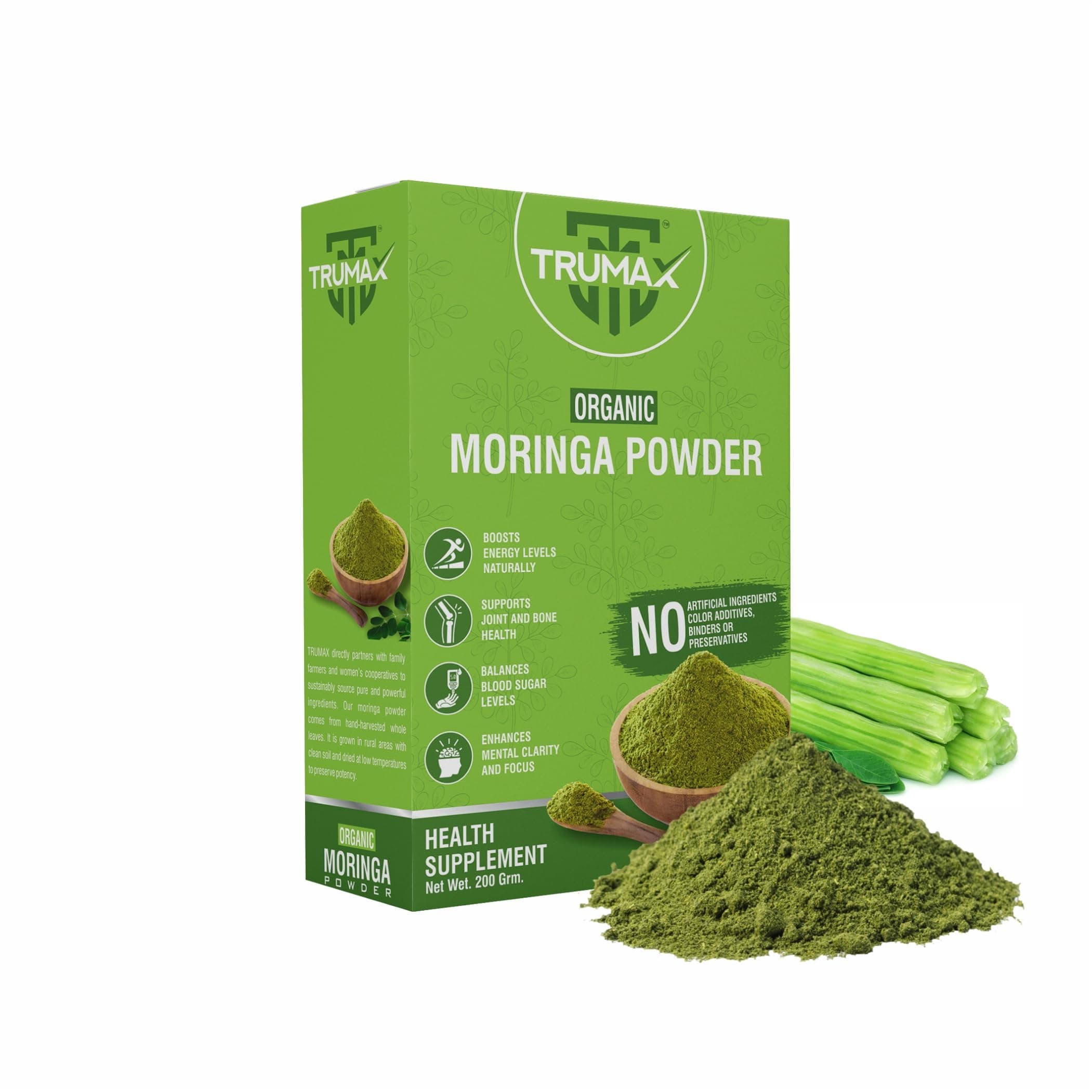 TRUMAX Organic Moringa Powder (200g) | Drumstick Leaf Powder | Natural Multivitamins | Good for Immunity, Digestion, Skin Care & Hair Care | 100% Natural &