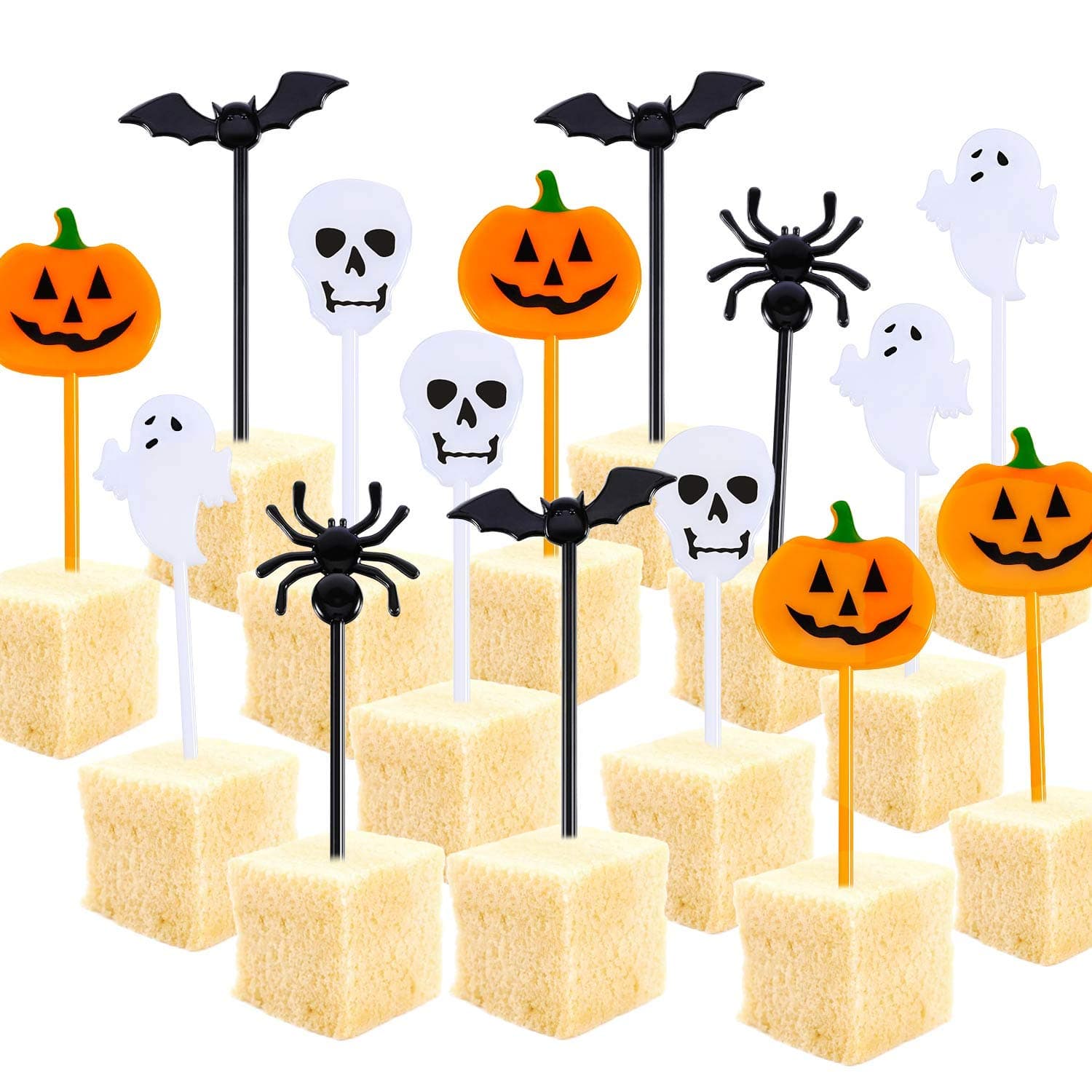 Tatuo 100 Pcs Plastic Halloween Picks Cupcake Toppers Pumpkin Fruit Picks Halloween Toothpicks Cocktail Skewers Sticks for Appetizers Birthday Party Favors(Cute)