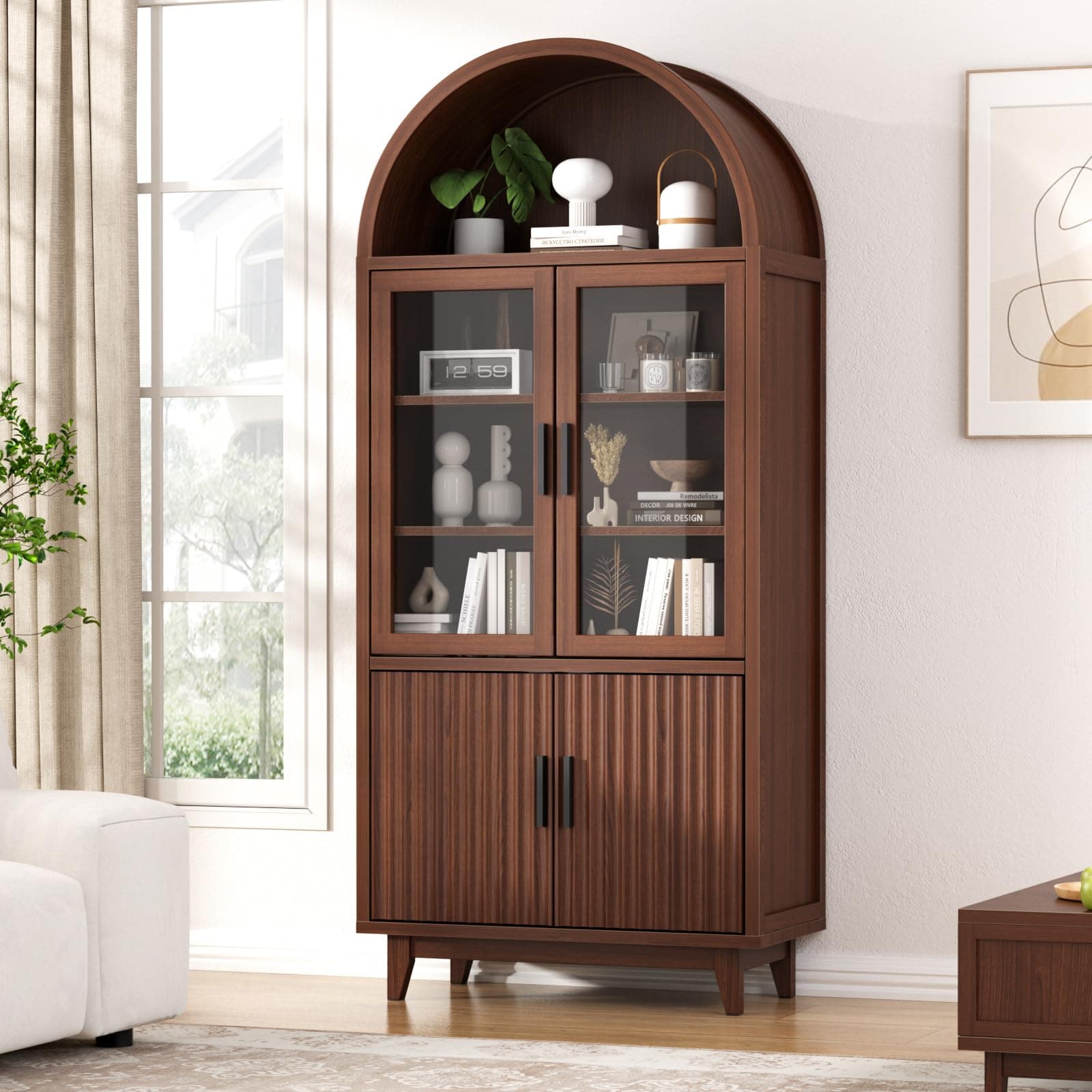 71" Tall Arched Cabinet with Glass Doors, Fluted Pantry Cabinet with Solid Wood Legs, Modern Accent Furniture for Living Room, Kitchen, Dining Room, Entryway, Walnut