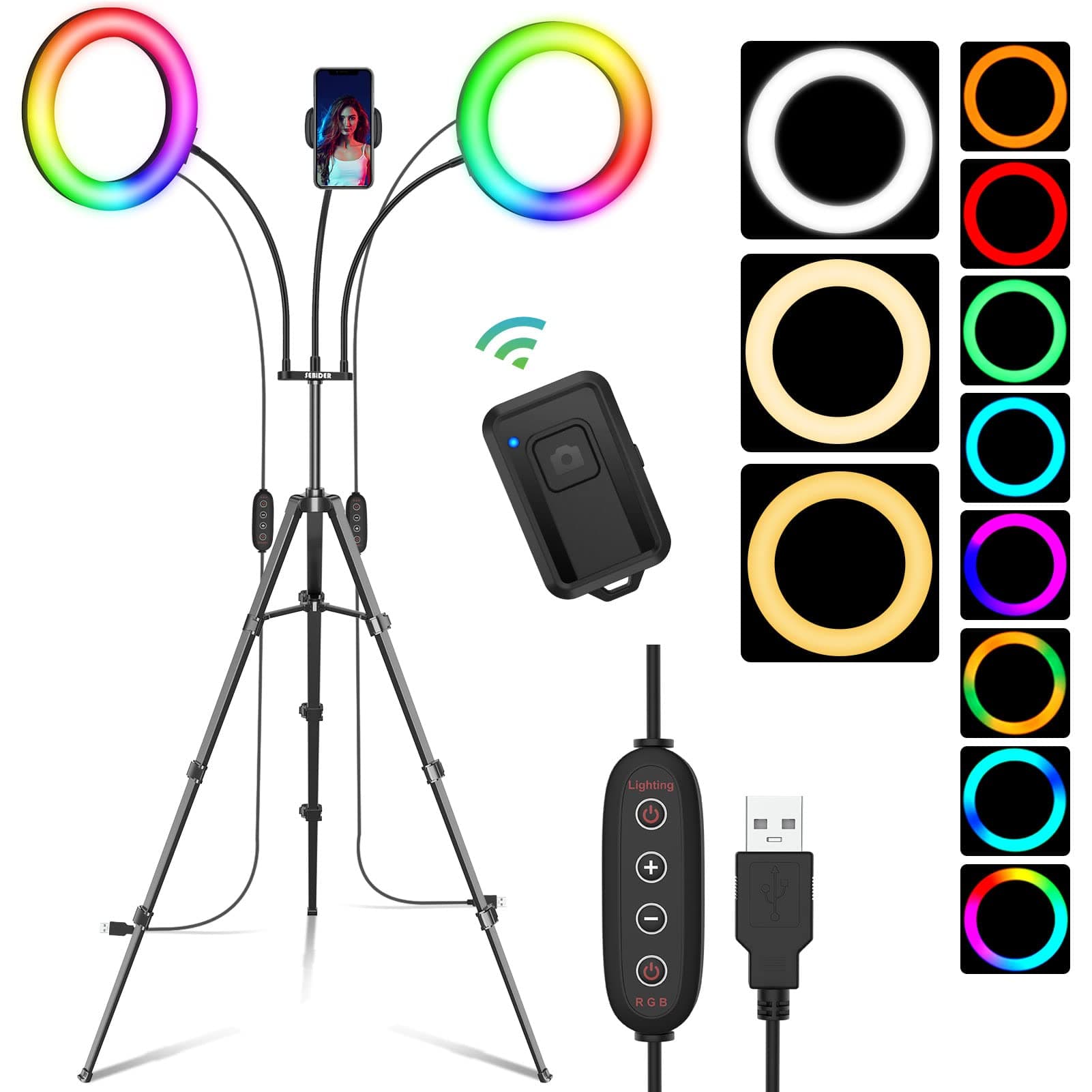 Dual 8" Selfie Ring Light with Stand and Phone Holder, 76" Extendable Light Stand & Dimmable 29 Colors of Double LED Circle Lights Compatible for TikTok/Live Stream/Makeup/YouTube