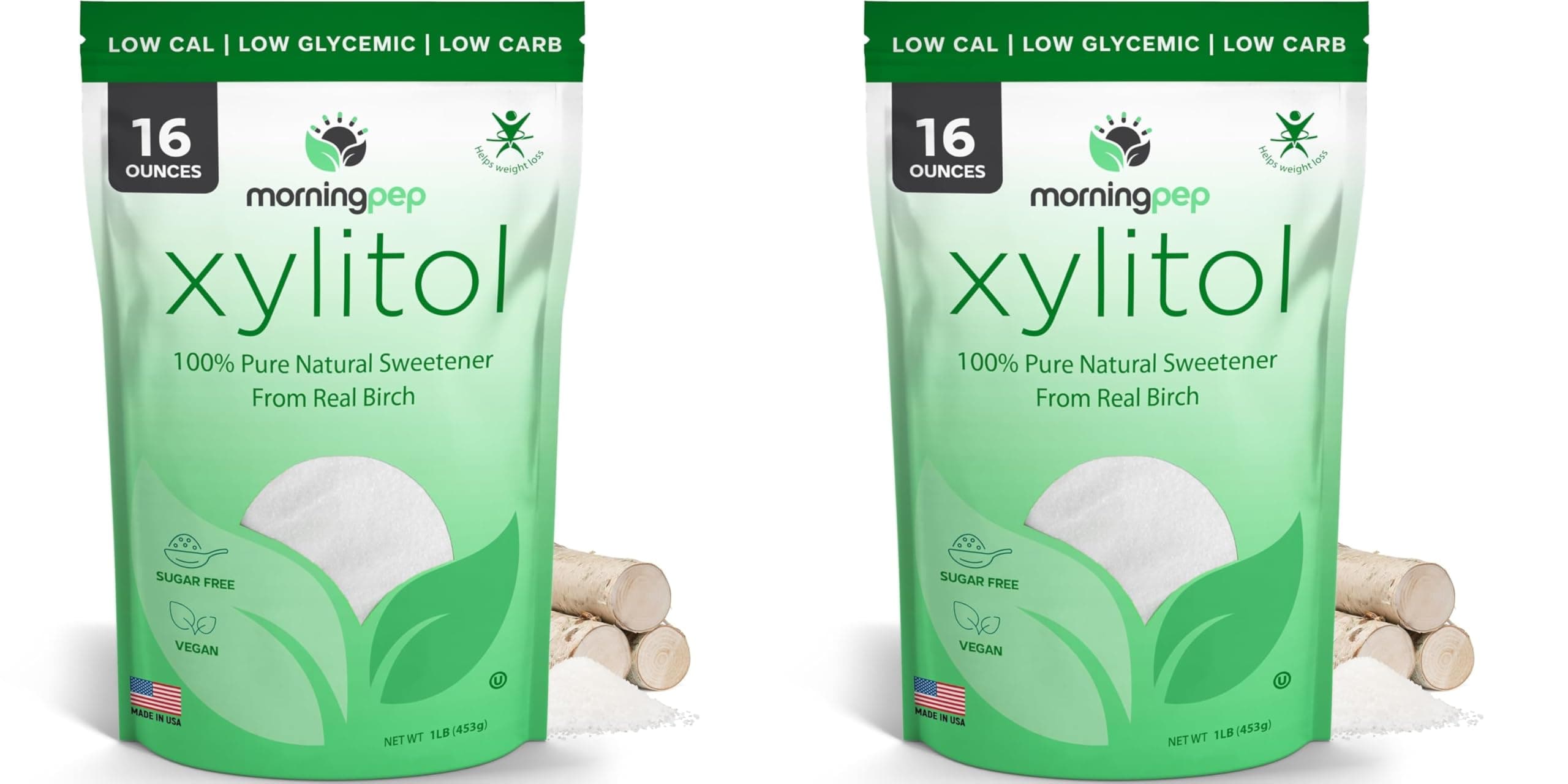 PACK of 2 Morning Pep Pure Birch Xylitol (Keto Diet Friendly) Sweetener with no aftertaste 1 LBs (Not From Corn) NON GMO KOSHER GLUTEN FREE PRODUCT OF USA. Total of 2 Lbs (32 OZ)