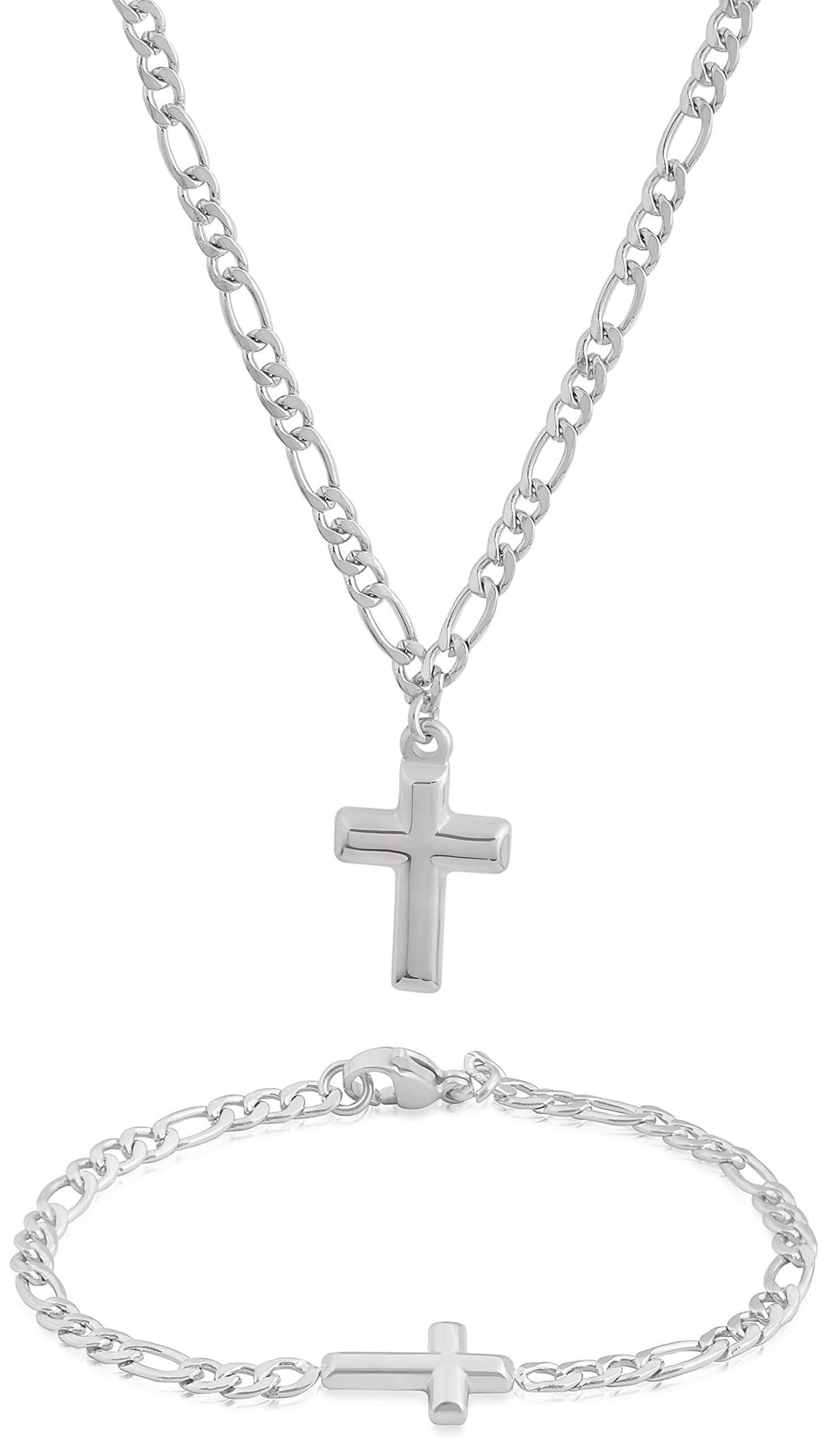 Edforce Stainless Steel 20 inch Figaro Link Chain Cross Necklace and Matching Bracelet, 20"
