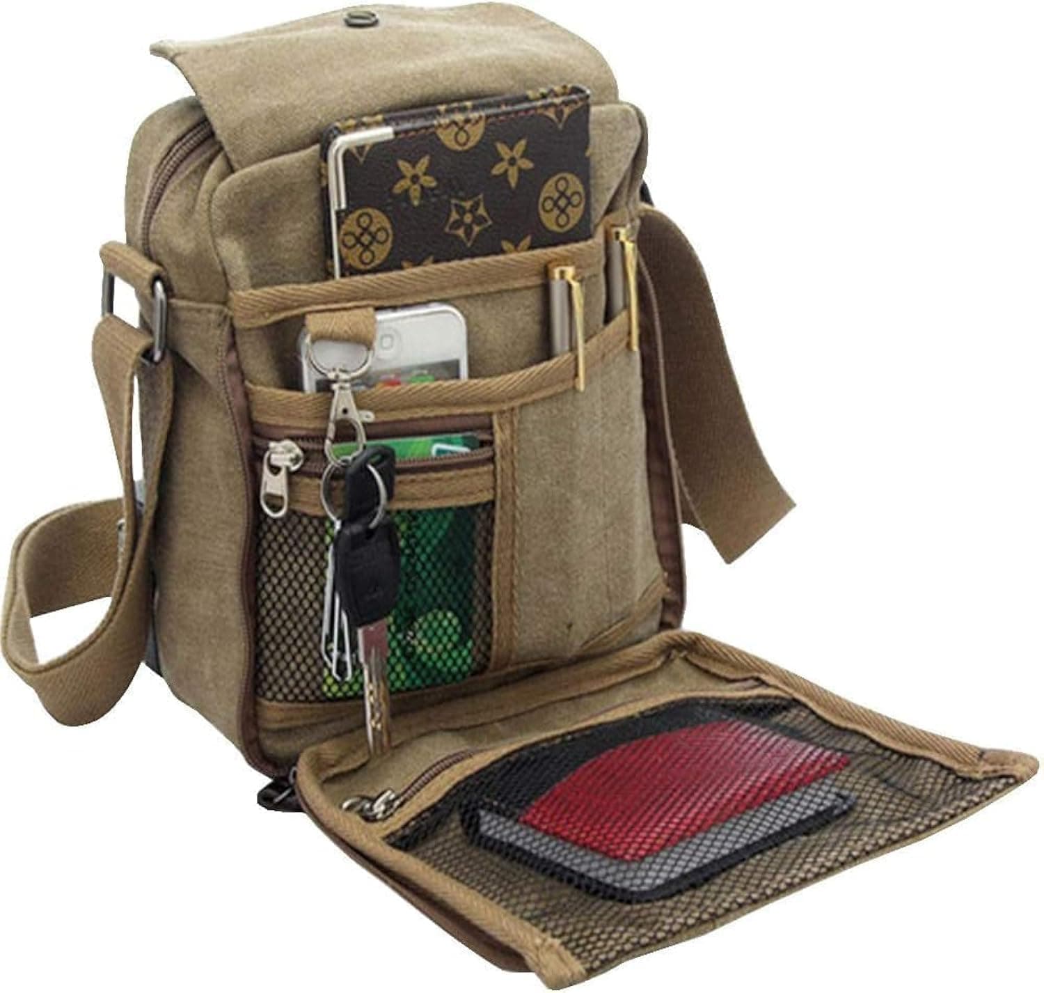 Men's Canvas Messenger Bag, Casual Shoulder/Chest Bag, Travel Carry Bag Multi Pocket Purse Handbag Crossbody Bag, Vintage Lightweight Small Satchel, Khaki
